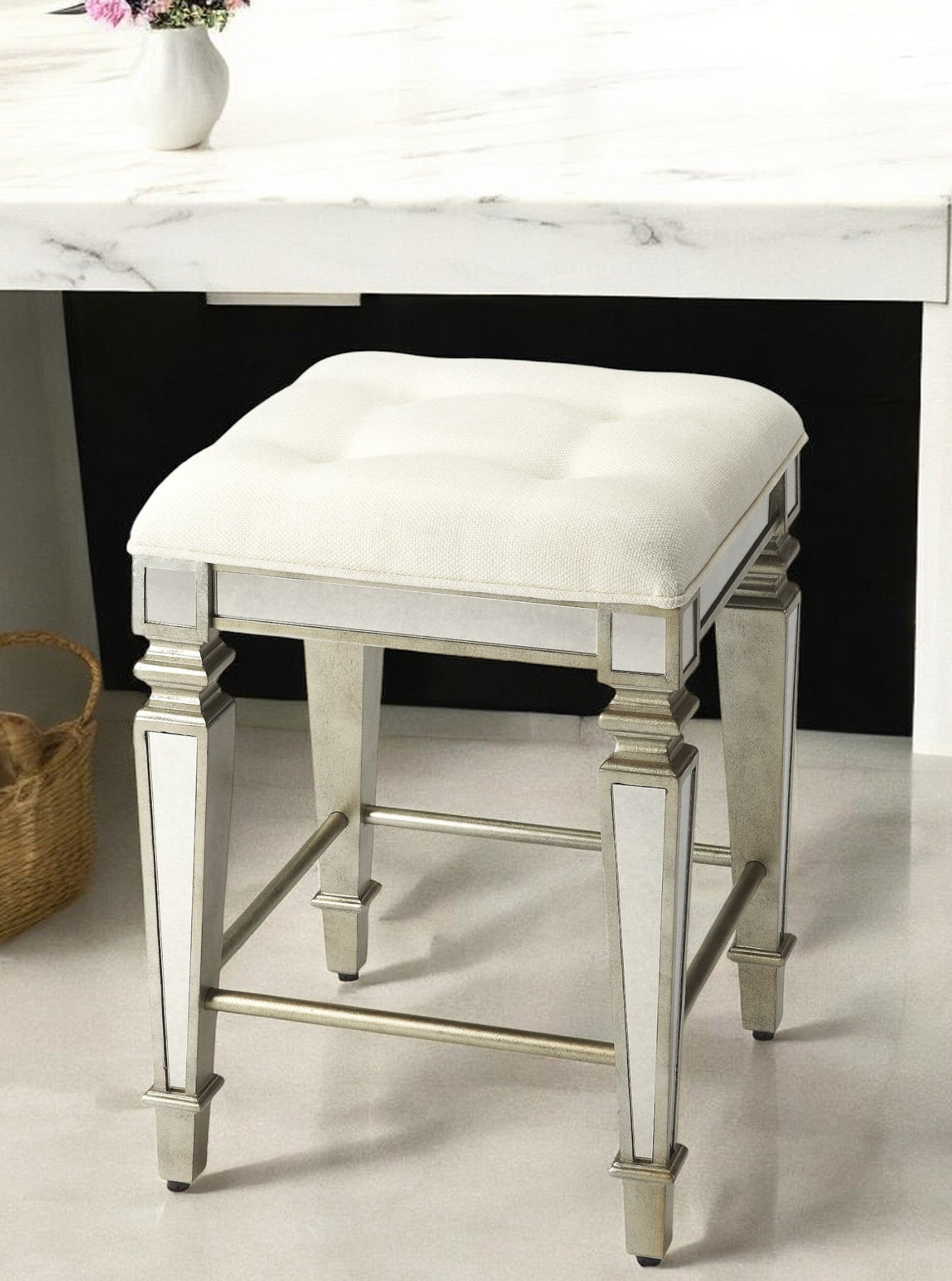 30" White and Gray Solid and Manufactured Wood Backless Counter Height Bar Chair-Bar Chairs-DECOROLALA