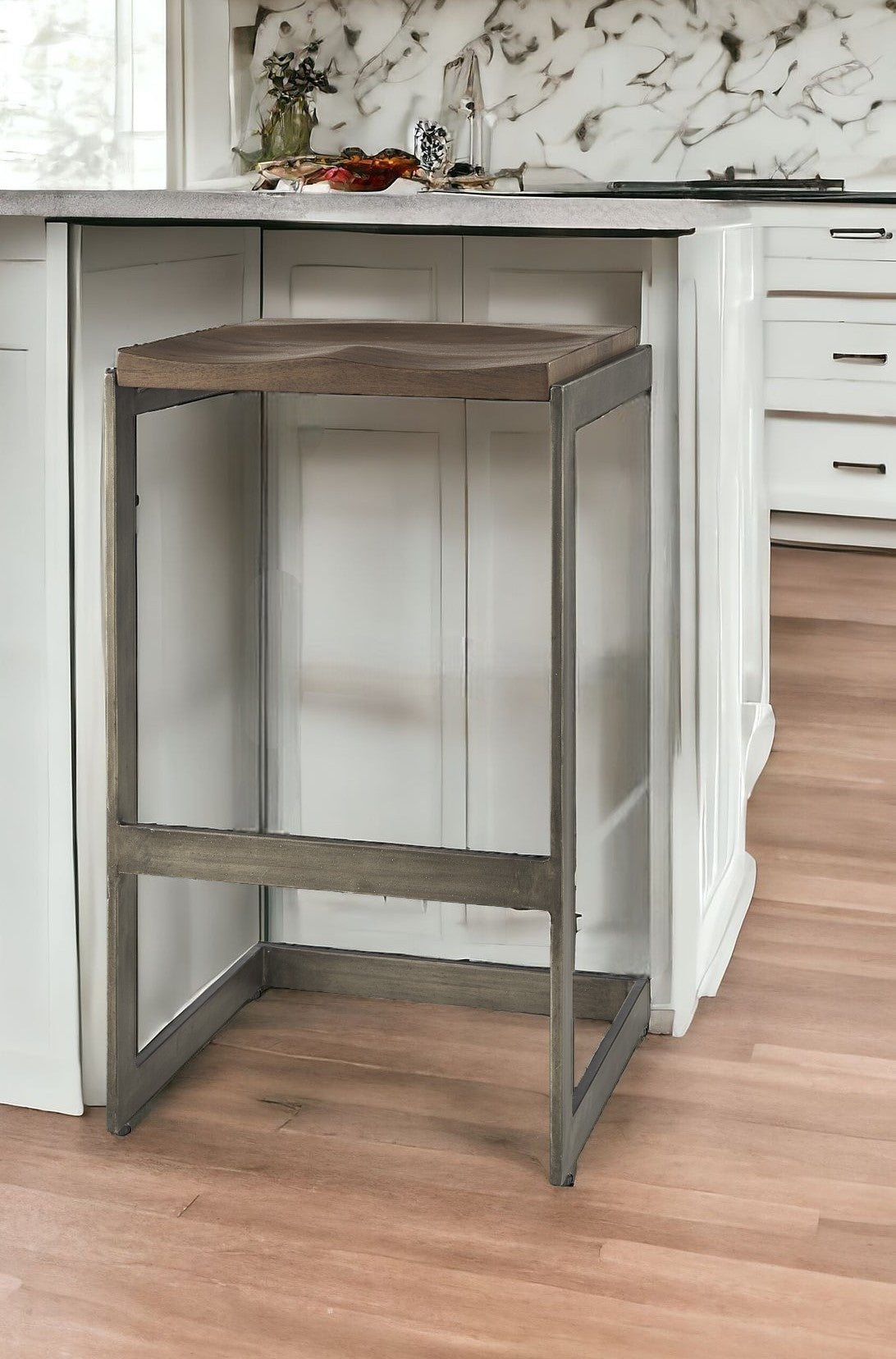 30" Wood Brown And Gray Solid Wood And Metal Backless Bar Height Bar Chair-Bar Chairs-DECOROLALA