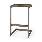 30" Wood Brown And Gray Solid Wood And Metal Backless Bar Height Bar Chair-Bar Chairs-DECOROLALA