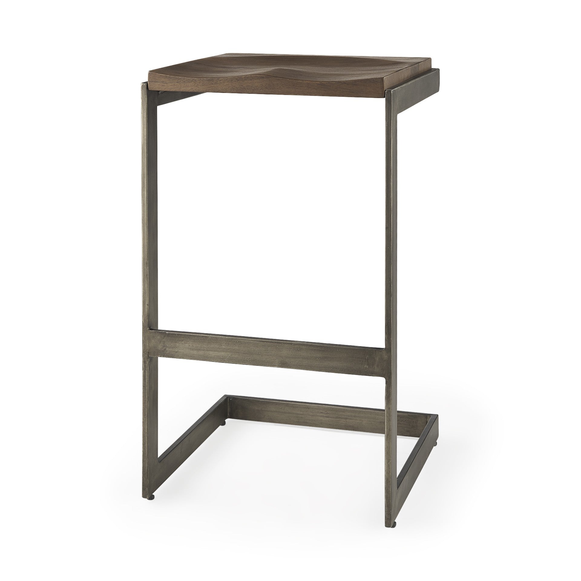 30" Wood Brown And Gray Solid Wood And Metal Backless Bar Height Bar Chair-Bar Chairs-DECOROLALA