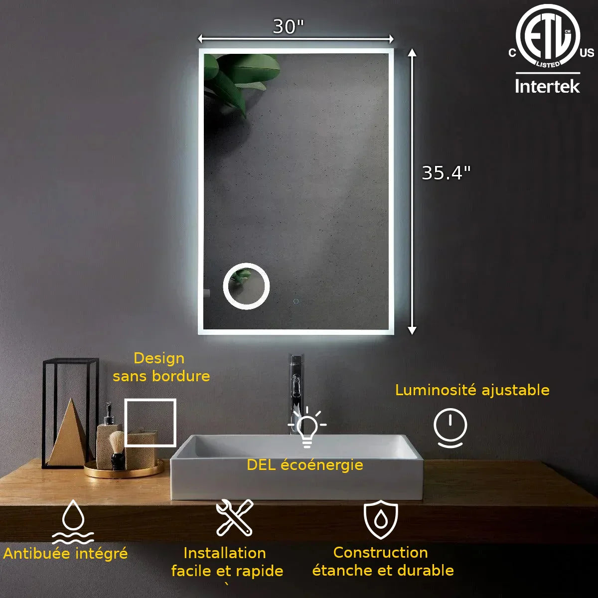 30" x 35.4" LED Bathroom Mirror with 3X Magnifying Mirror and Anti-Fog-Migration_Mirrors-DECOROLALA