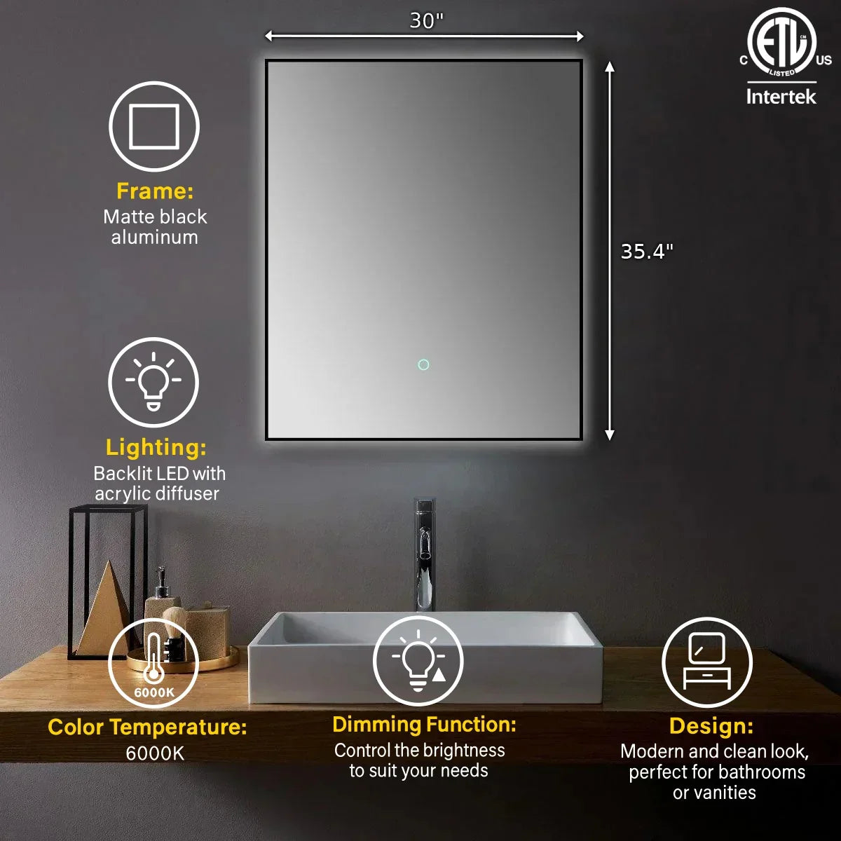 30" x 35.4" Premium LED Bathroom Mirror with Matte Black Aluminum Frame - Anti-Fog Smart Mirror with Adaptive Dimming Control, 6000K Cool White Lighting & Compact Illumination Design-Migration_Mirrors-DECOROLALA
