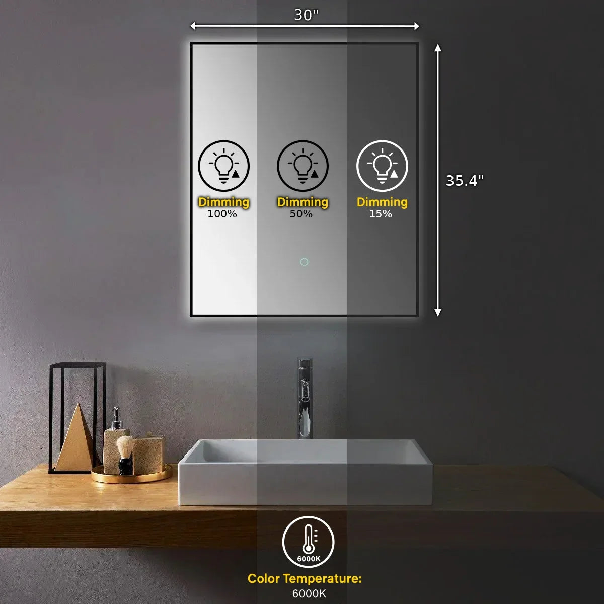 30" x 35.4" Premium LED Bathroom Mirror with Matte Black Aluminum Frame - Anti-Fog Smart Mirror with Adaptive Dimming Control, 6000K Cool White Lighting & Compact Illumination Design-Migration_Mirrors-DECOROLALA