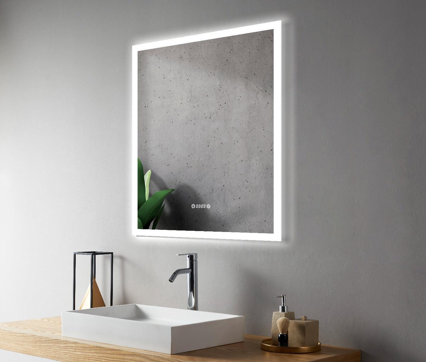 30" x 35.4" Smart LED Bathroom Mirror with Digital Time & Temperature Display - Professional Anti-Fog Mirror with Dual Color Temperature (3000K/6000K), Touch Dimming Control & 5mm Copper-Free Silver Glass-Migration_Mirrors-DECOROLALA