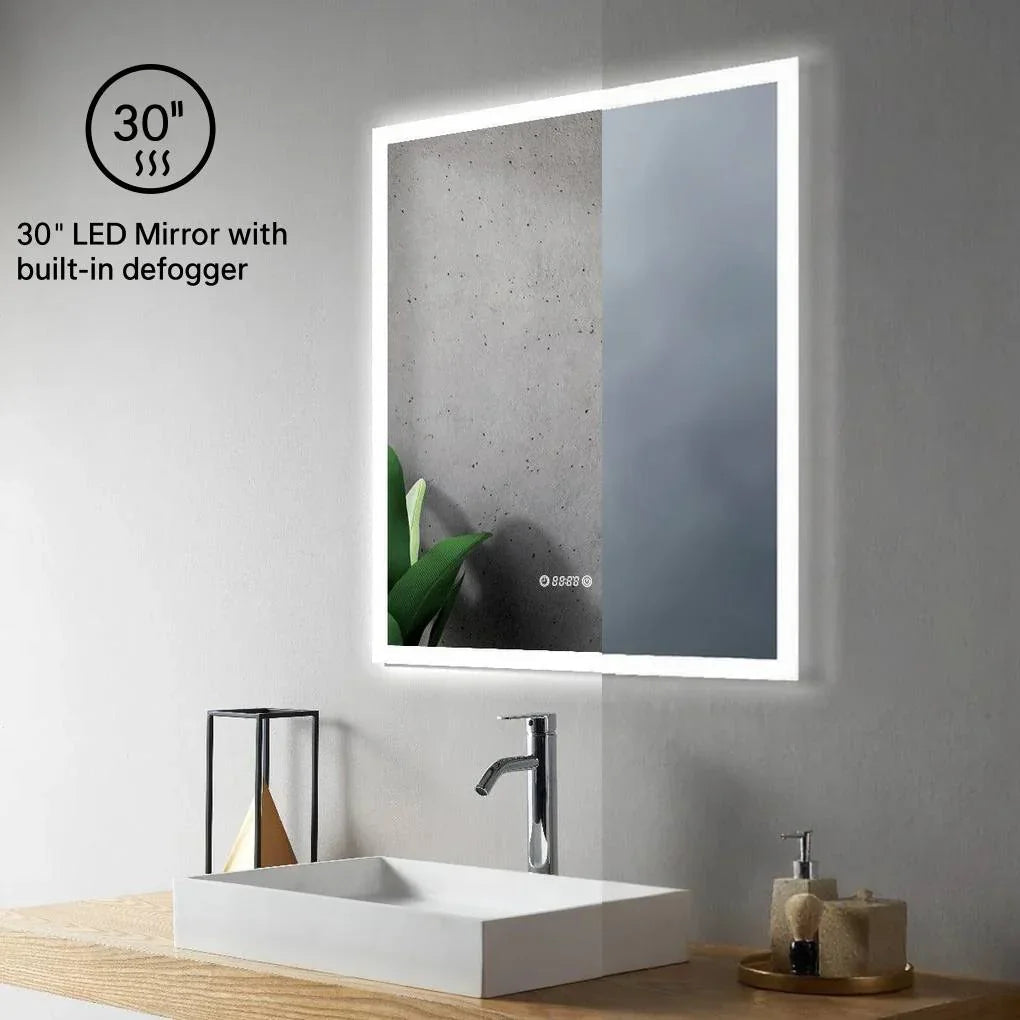 30" x 35.4" Smart LED Bathroom Mirror with Digital Time & Temperature Display - Professional Anti-Fog Mirror with Dual Color Temperature (3000K/6000K), Touch Dimming Control & 5mm Copper-Free Silver Glass-Migration_Mirrors-DECOROLALA