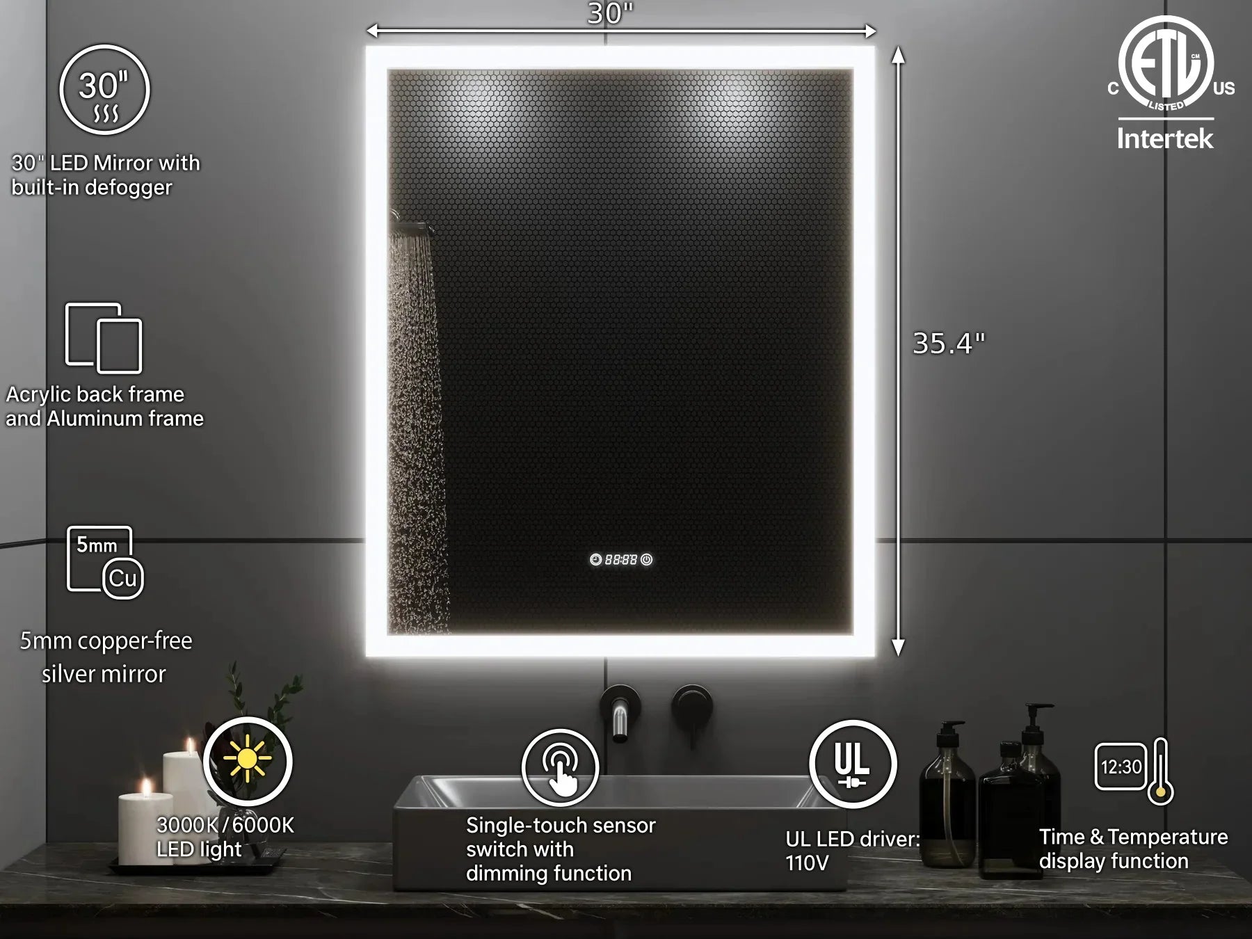 30" x 35.4" Smart LED Bathroom Mirror with Digital Time & Temperature Display - Professional Anti-Fog Mirror with Dual Color Temperature (3000K/6000K), Touch Dimming Control & 5mm Copper-Free Silver Glass-Migration_Mirrors-DECOROLALA