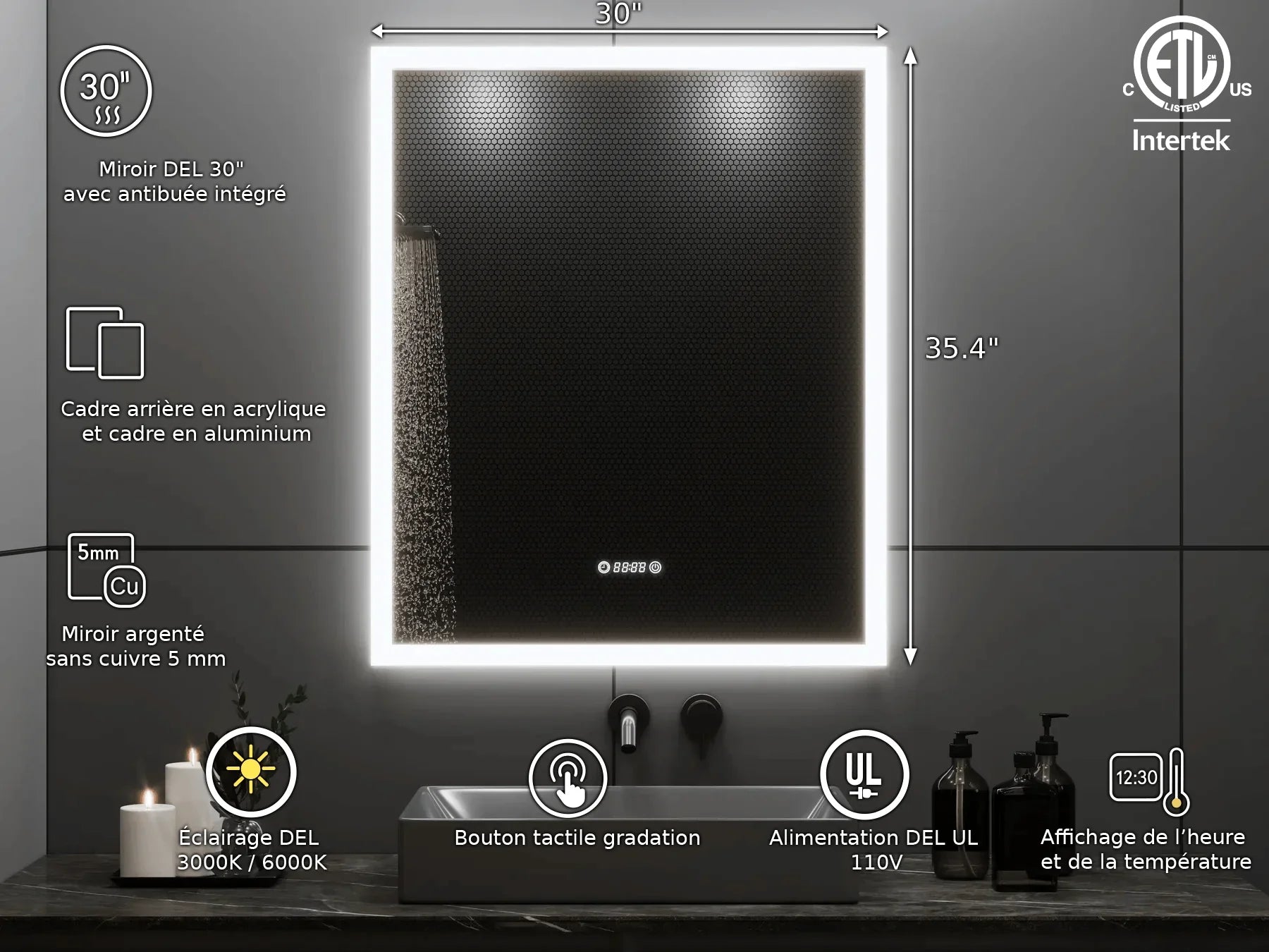 30" x 35.4" Smart LED Bathroom Mirror with Digital Time & Temperature Display - Professional Anti-Fog Mirror with Dual Color Temperature (3000K/6000K), Touch Dimming Control & 5mm Copper-Free Silver Glass-Migration_Mirrors-DECOROLALA