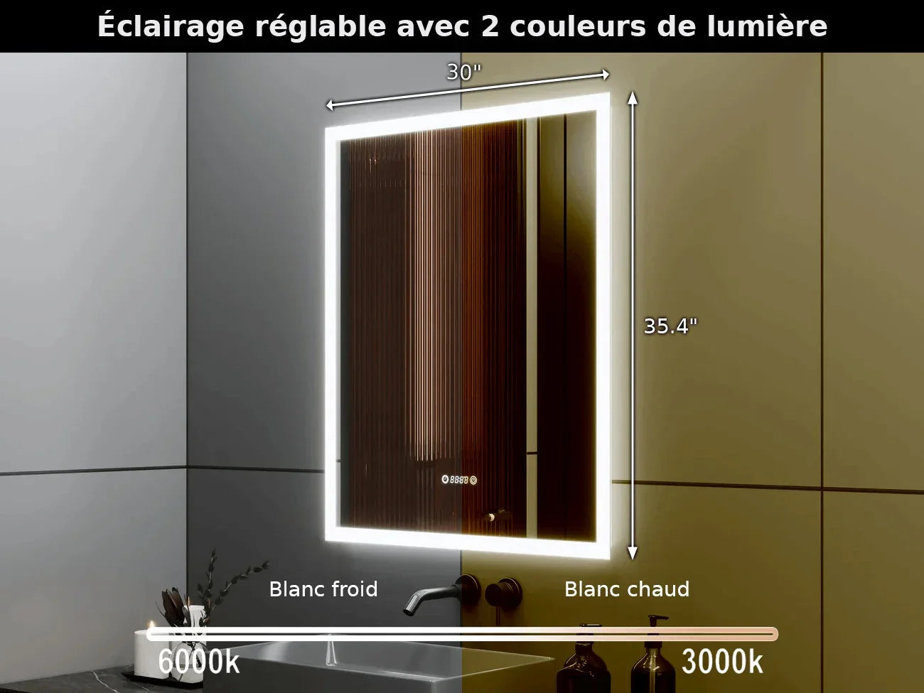 30" x 35.4" Smart LED Bathroom Mirror with Digital Time & Temperature Display - Professional Anti-Fog Mirror with Dual Color Temperature (3000K/6000K), Touch Dimming Control & 5mm Copper-Free Silver Glass-Migration_Mirrors-DECOROLALA