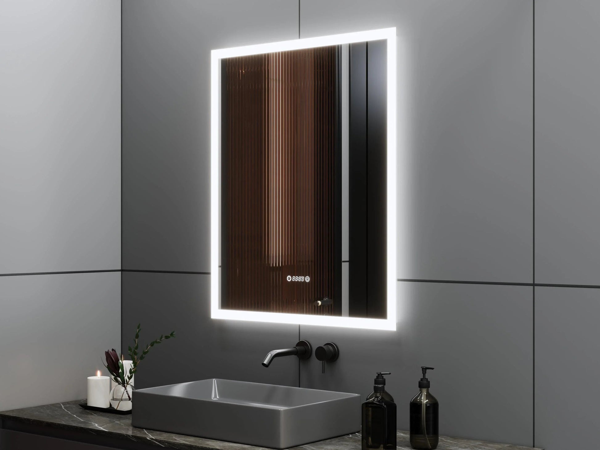 30" x 35.4" Smart LED Bathroom Mirror with Digital Time & Temperature Display - Professional Anti-Fog Mirror with Dual Color Temperature (3000K/6000K), Touch Dimming Control & 5mm Copper-Free Silver Glass-Migration_Mirrors-DECOROLALA