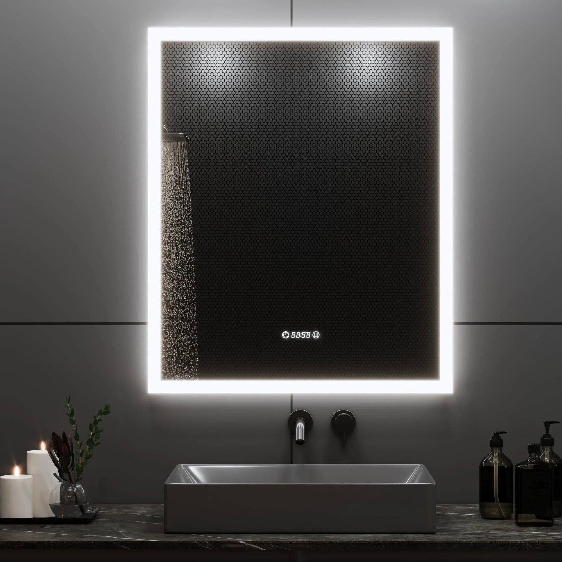 30" x 35.4" Smart LED Bathroom Mirror with Digital Time & Temperature Display - Professional Anti-Fog Mirror with Dual Color Temperature (3000K/6000K), Touch Dimming Control & 5mm Copper-Free Silver Glass-Migration_Mirrors-DECOROLALA