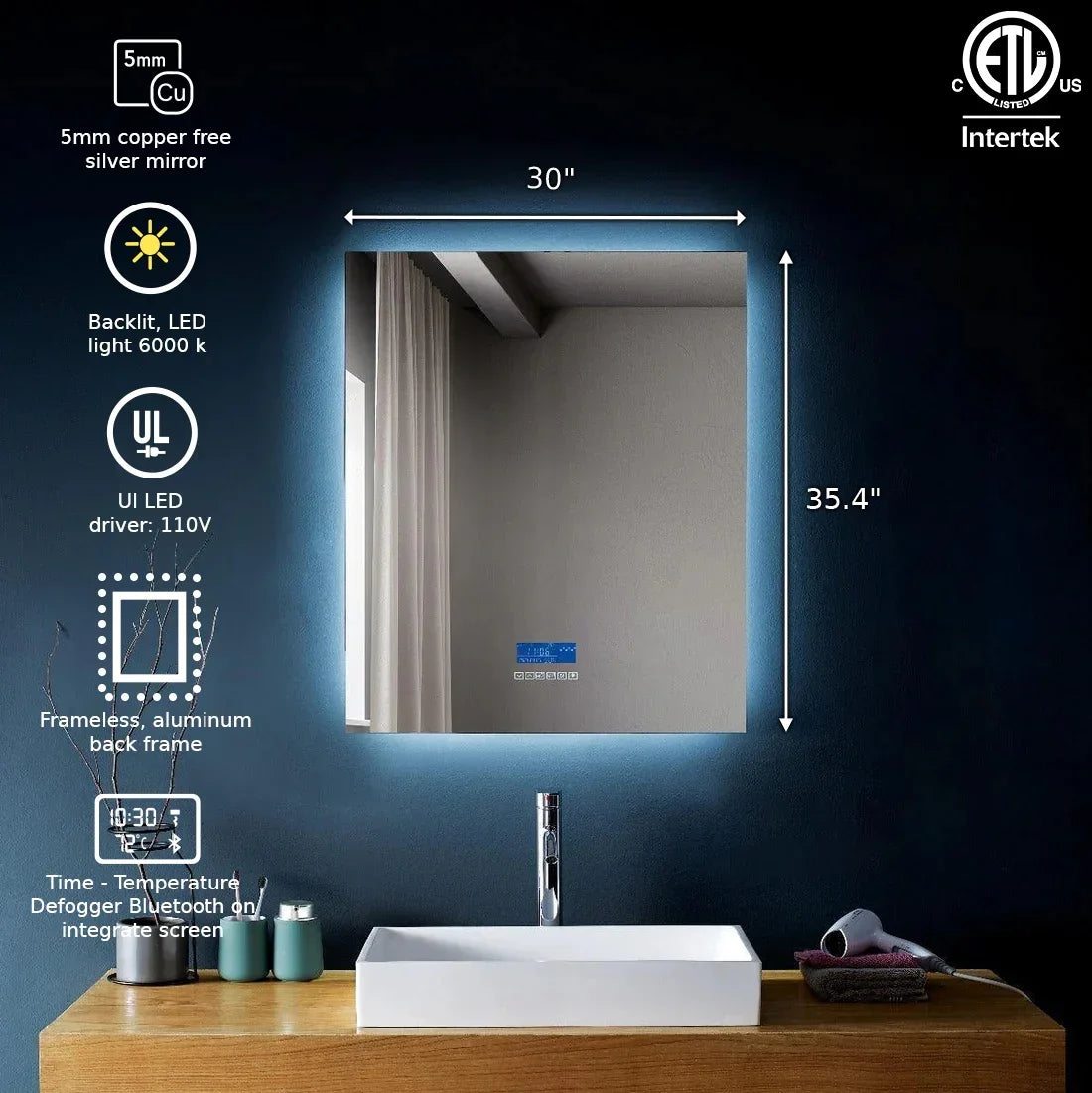 30" x 35.4" Smart LED Bathroom Mirror with Touch Screen Display - Bluetooth Mirror with Built-in Speakers, Automatic Anti-Fog Technology, Energy-Saving Lighting & Frameless Design-Migration_Mirrors-DECOROLALA