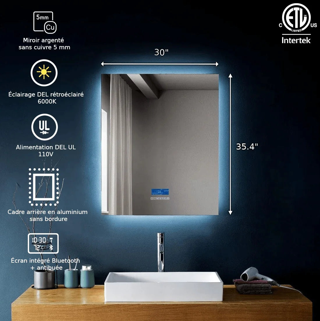 30" x 35.4" Smart LED Bathroom Mirror with Touch Screen Display - Bluetooth Mirror with Built-in Speakers, Automatic Anti-Fog Technology, Energy-Saving Lighting & Frameless Design-Migration_Mirrors-DECOROLALA