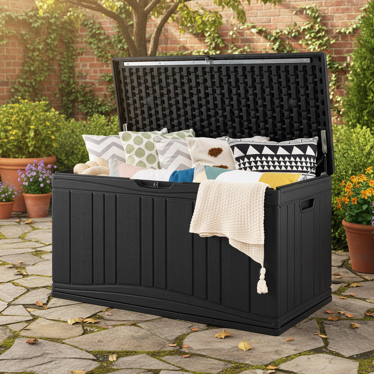 300 L Outdoor Deck Box with Lockable Lid for Garden Tools Cushions-Black-Sheds & Outdoor Storage-DECOROLALA