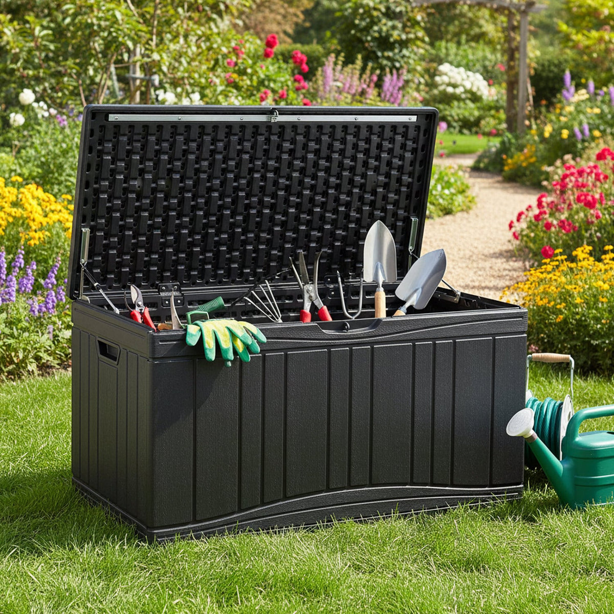 300 L Outdoor Deck Box with Lockable Lid for Garden Tools Cushions-Black-Sheds & Outdoor Storage-DECOROLALA