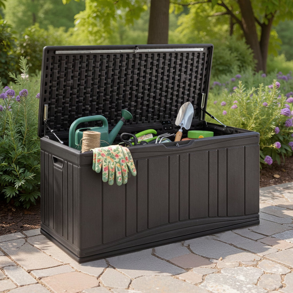 300 L Outdoor Deck Box with Lockable Lid for Garden Tools Cushions-Brown-Sheds & Outdoor Storage-DECOROLALA