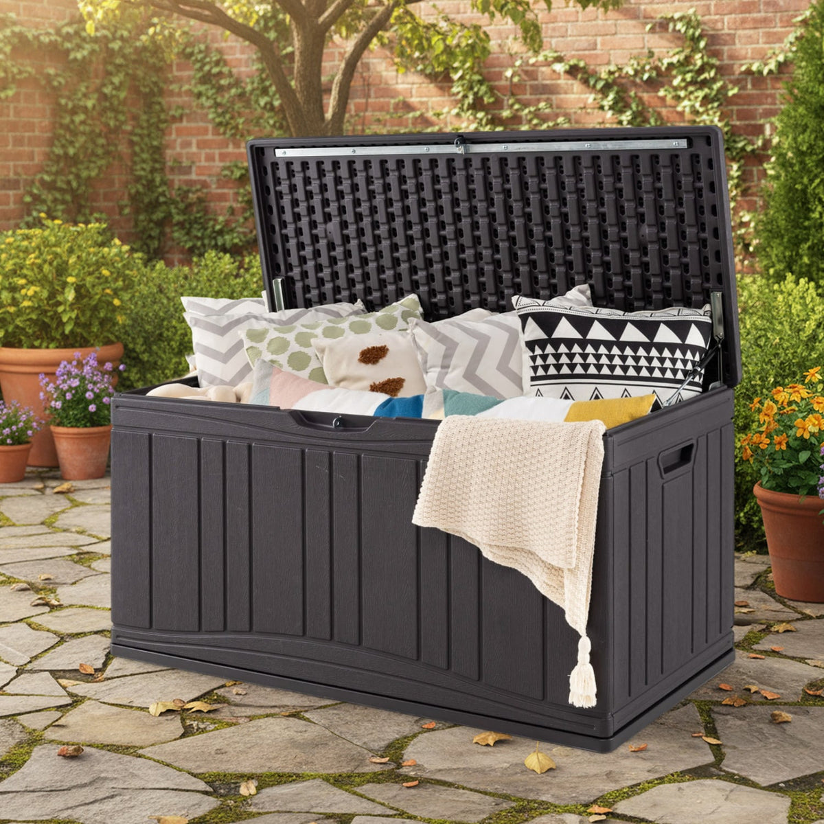300 L Outdoor Deck Box with Lockable Lid for Garden Tools Cushions-Brown-Sheds & Outdoor Storage-DECOROLALA