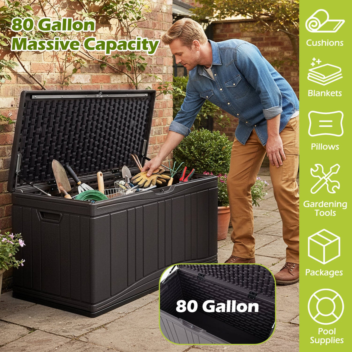 300 L Outdoor Deck Box with Lockable Lid for Garden Tools Cushions-Brown-Sheds & Outdoor Storage-DECOROLALA