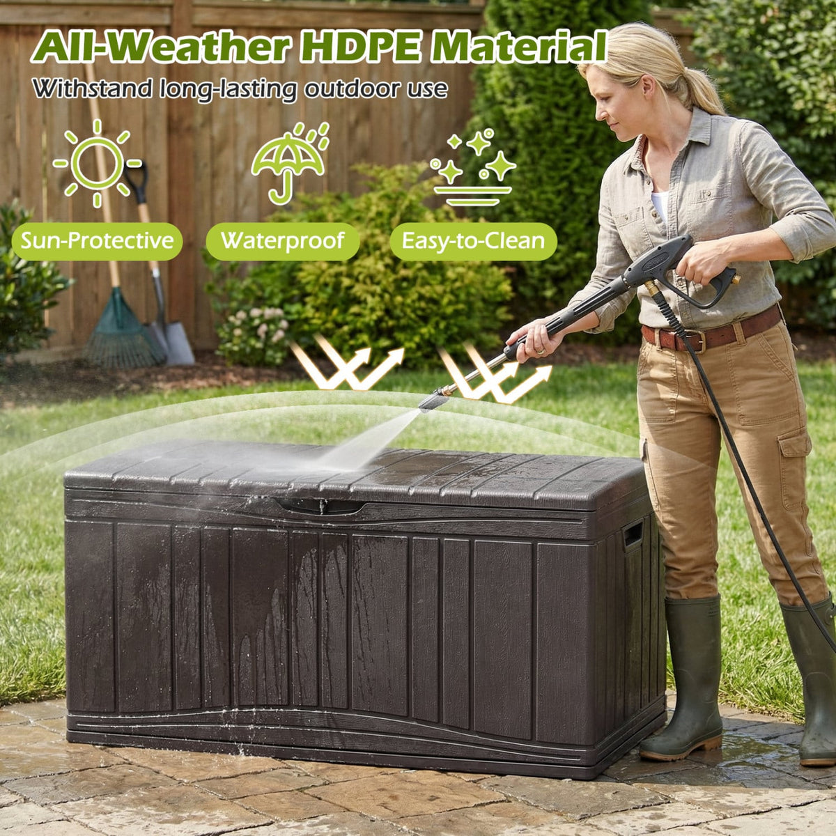 300 L Outdoor Deck Box with Lockable Lid for Garden Tools Cushions-Brown-Sheds & Outdoor Storage-DECOROLALA