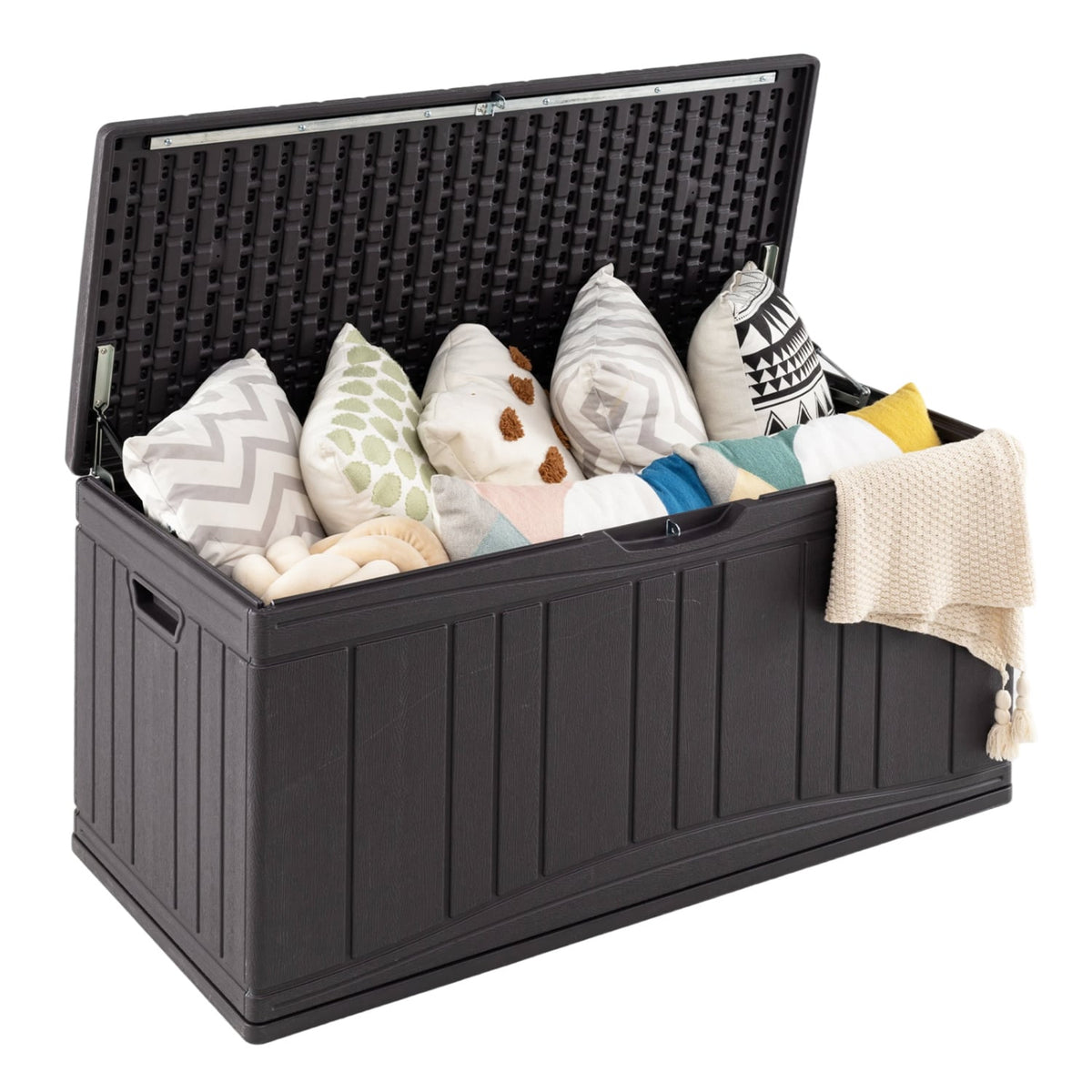 300 L Outdoor Deck Box with Lockable Lid for Garden Tools Cushions-Brown-Sheds & Outdoor Storage-DECOROLALA