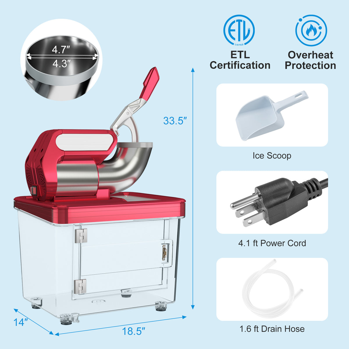 300W Commercial Ice Crusher with Dual Blades and Safety Switch-Red-Ice Crushers & Shavers-DECOROLALA