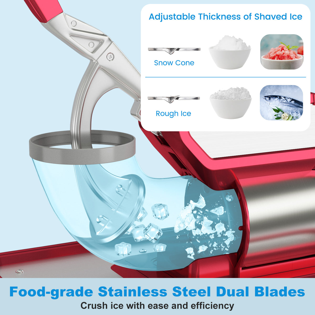 300W Commercial Ice Crusher with Dual Blades and Safety Switch-Red-Ice Crushers & Shavers-DECOROLALA