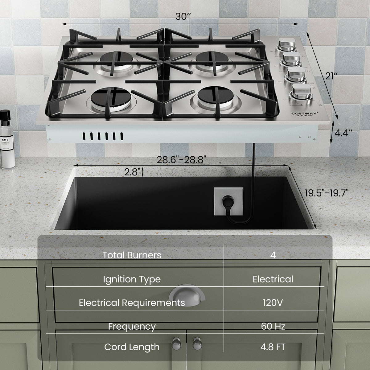 30/36 Inch Gas Cooktop with 4/6 Powerful Burners and ABS Knobs-30 inches-Food Warmers & Burners-DECOROLALA