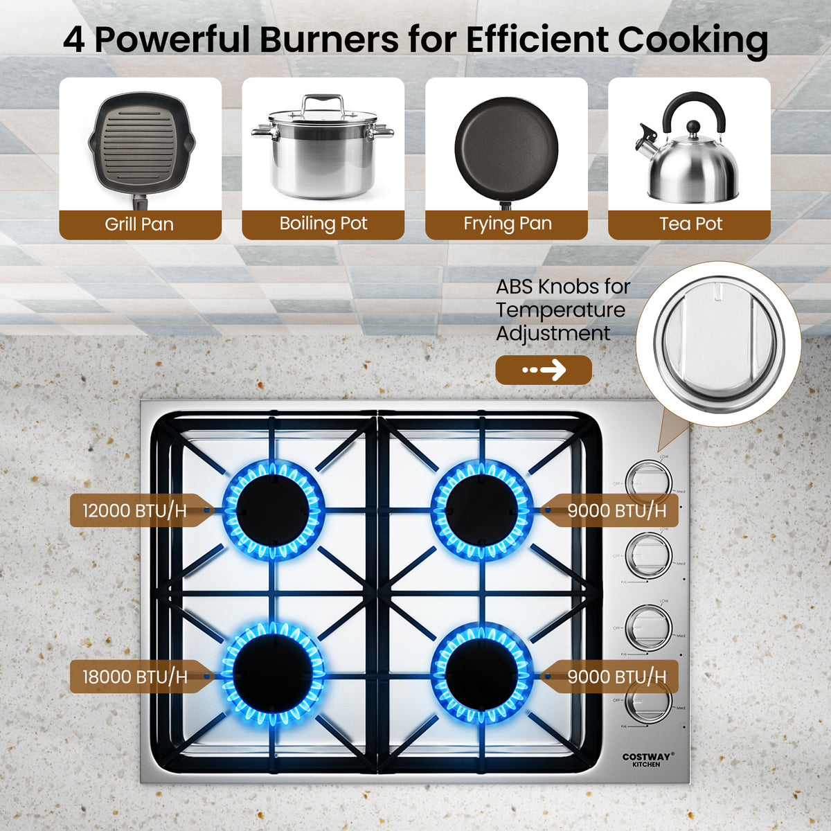 30/36 Inch Gas Cooktop with 4/6 Powerful Burners and ABS Knobs-30 inches-Food Warmers & Burners-DECOROLALA