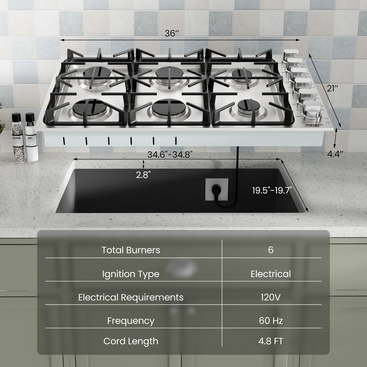 30/36 Inch Gas Cooktop with 4/6 Powerful Burners and ABS Knobs-36 inches-Food Warmers & Burners-DECOROLALA
