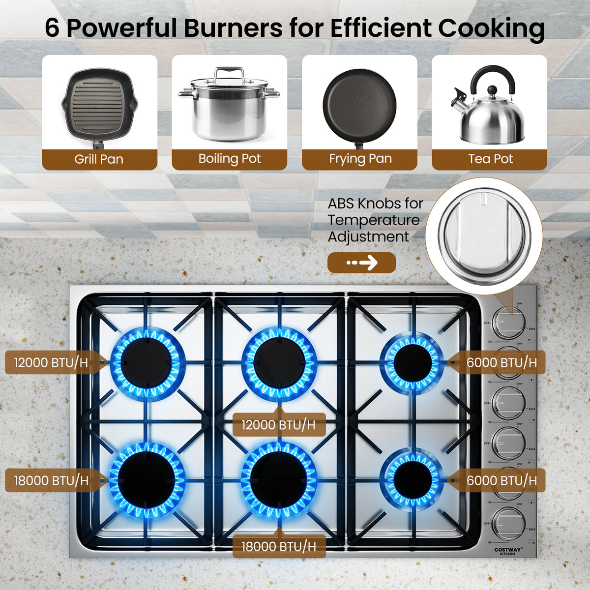 30/36 Inch Gas Cooktop with 4/6 Powerful Burners and ABS Knobs-36 inches-Food Warmers & Burners-DECOROLALA