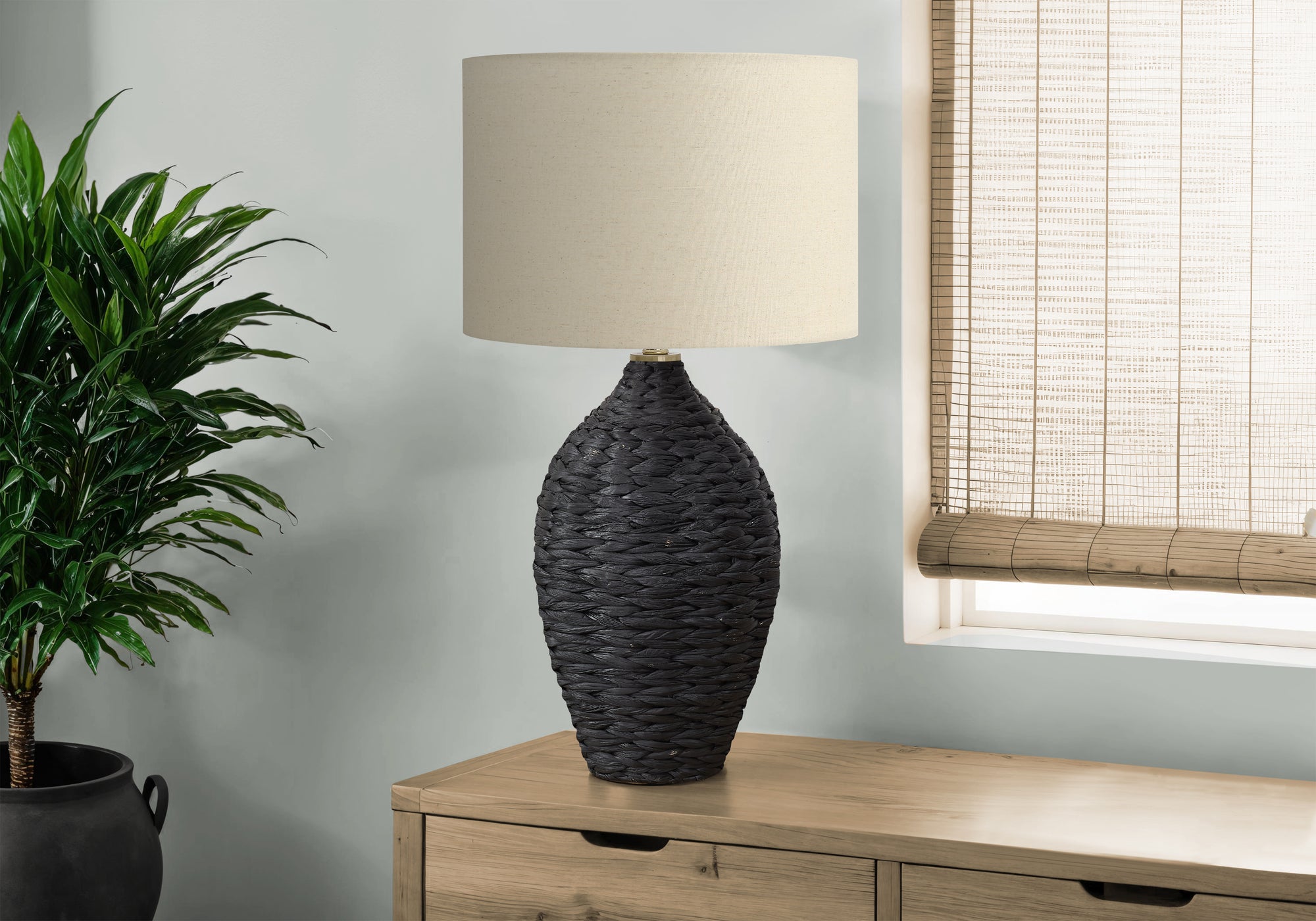 30"H Natural Rattan Table Lamp with Beige Shade-Lighting-DECOROLALA