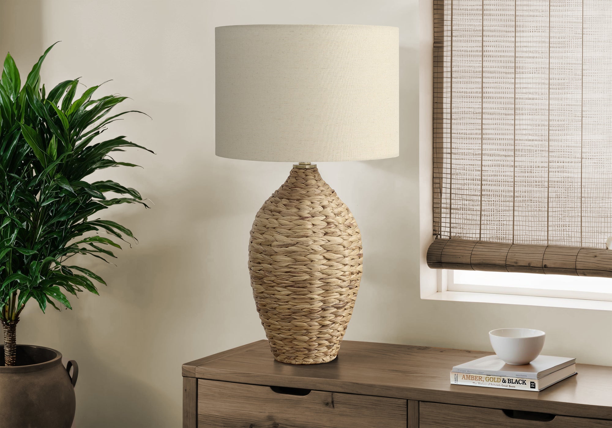 30"H Natural Rattan Table Lamp with Beige Shade-Lighting-DECOROLALA