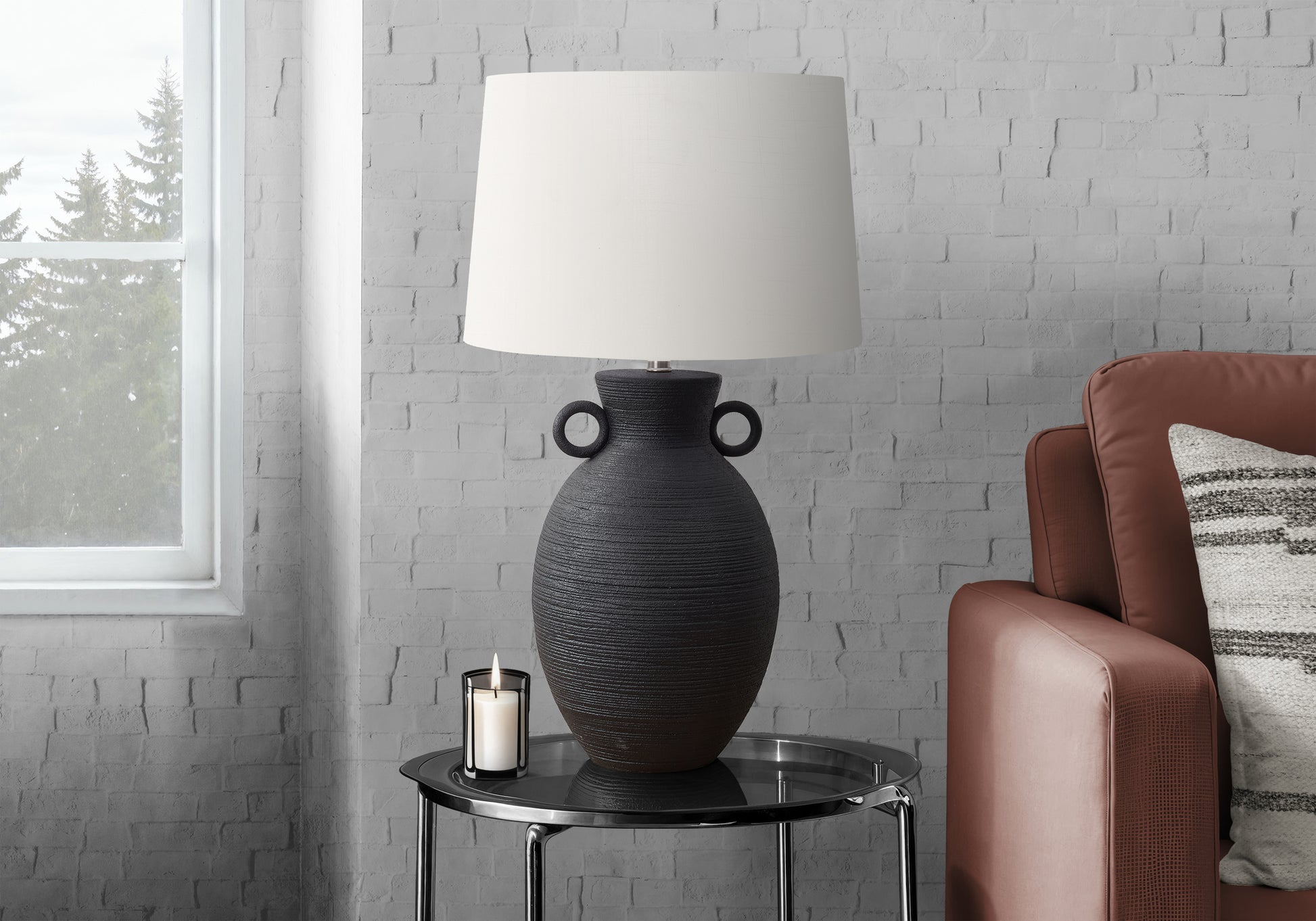 30"H White Ceramic Table Lamp with Ivory Shade-Lighting-DECOROLALA