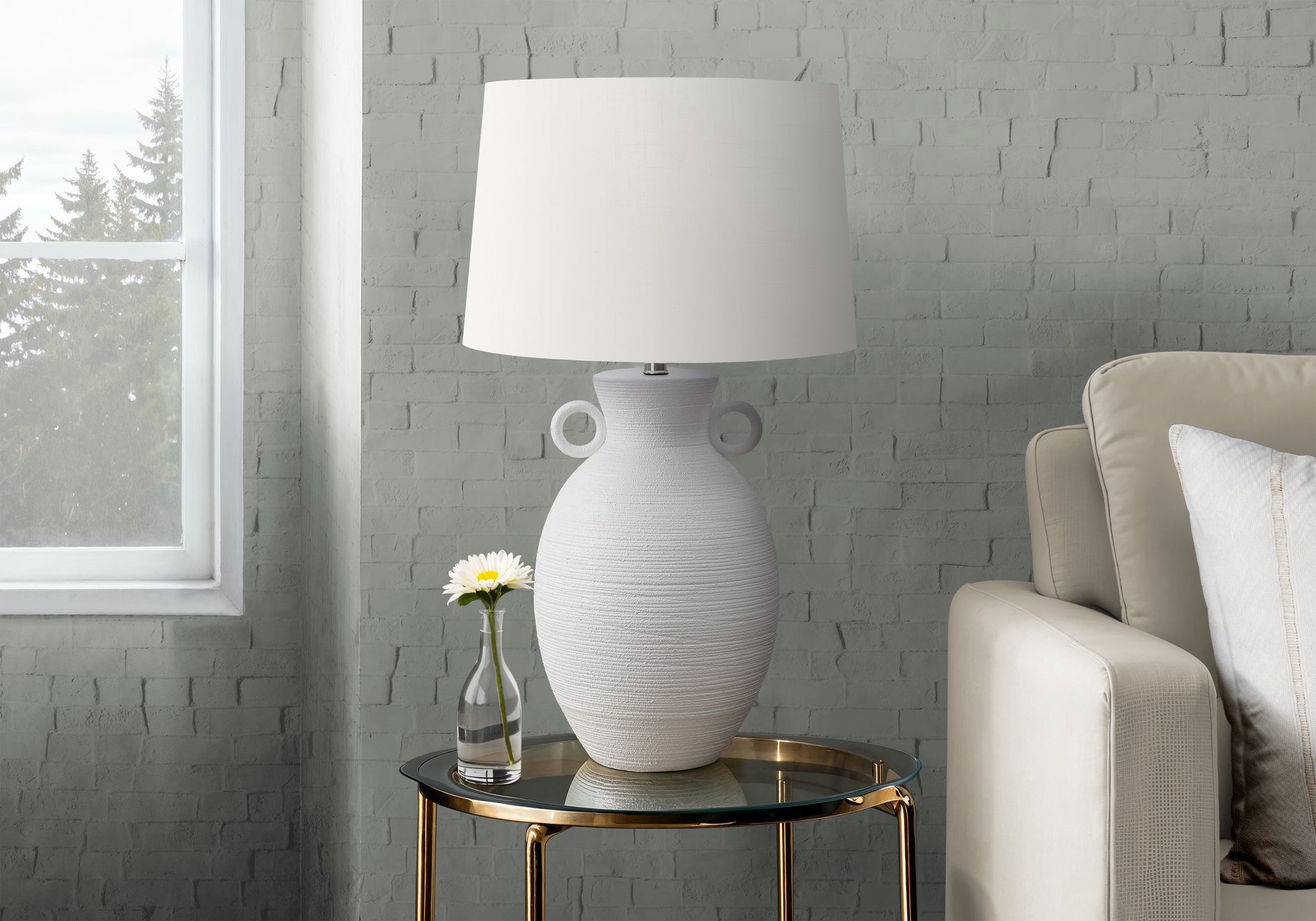 30"H White Ceramic Table Lamp with Ivory Shade-Lighting-DECOROLALA