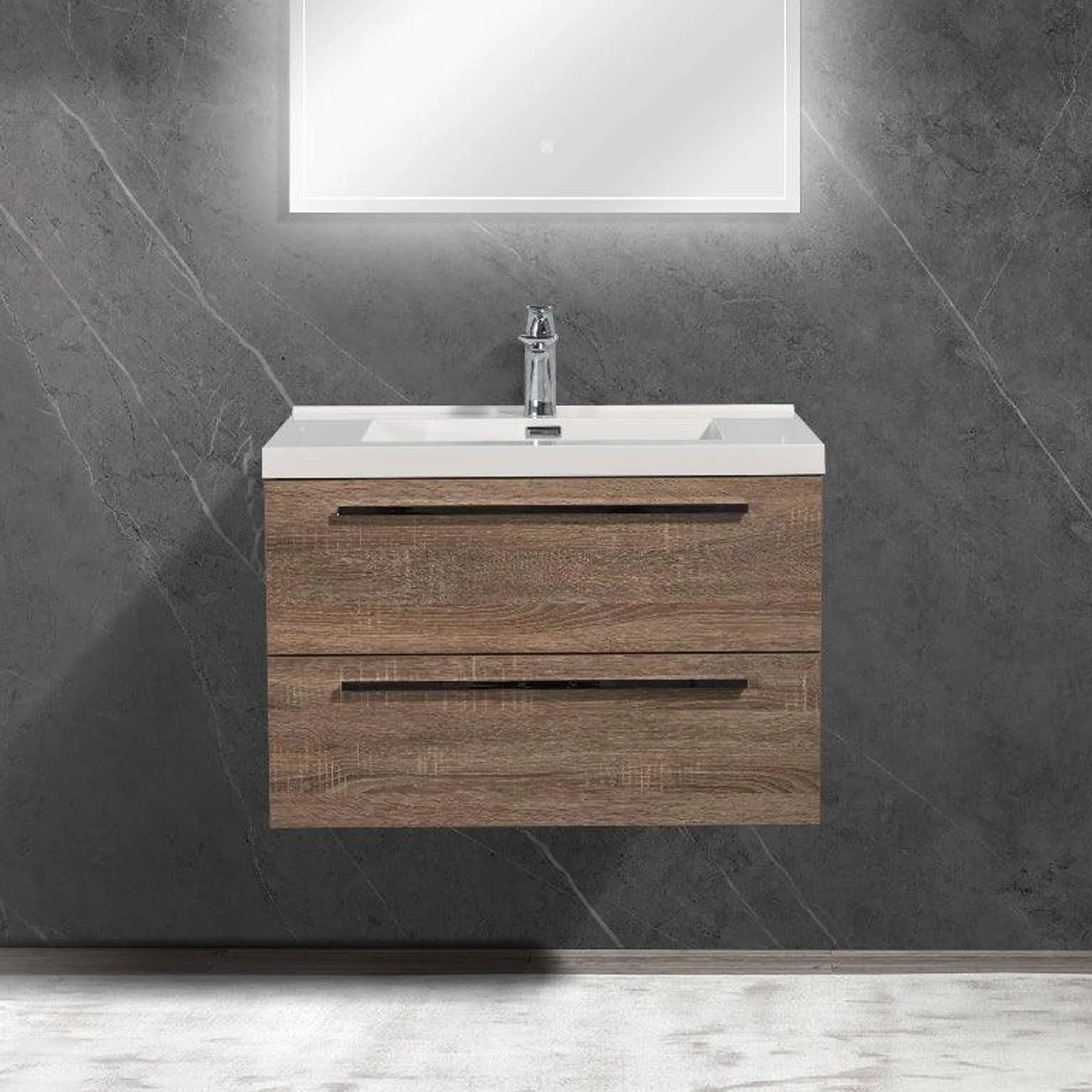 30" Soft Oak Wall Mount Bathroom Vanity with White Polymarble Countertop