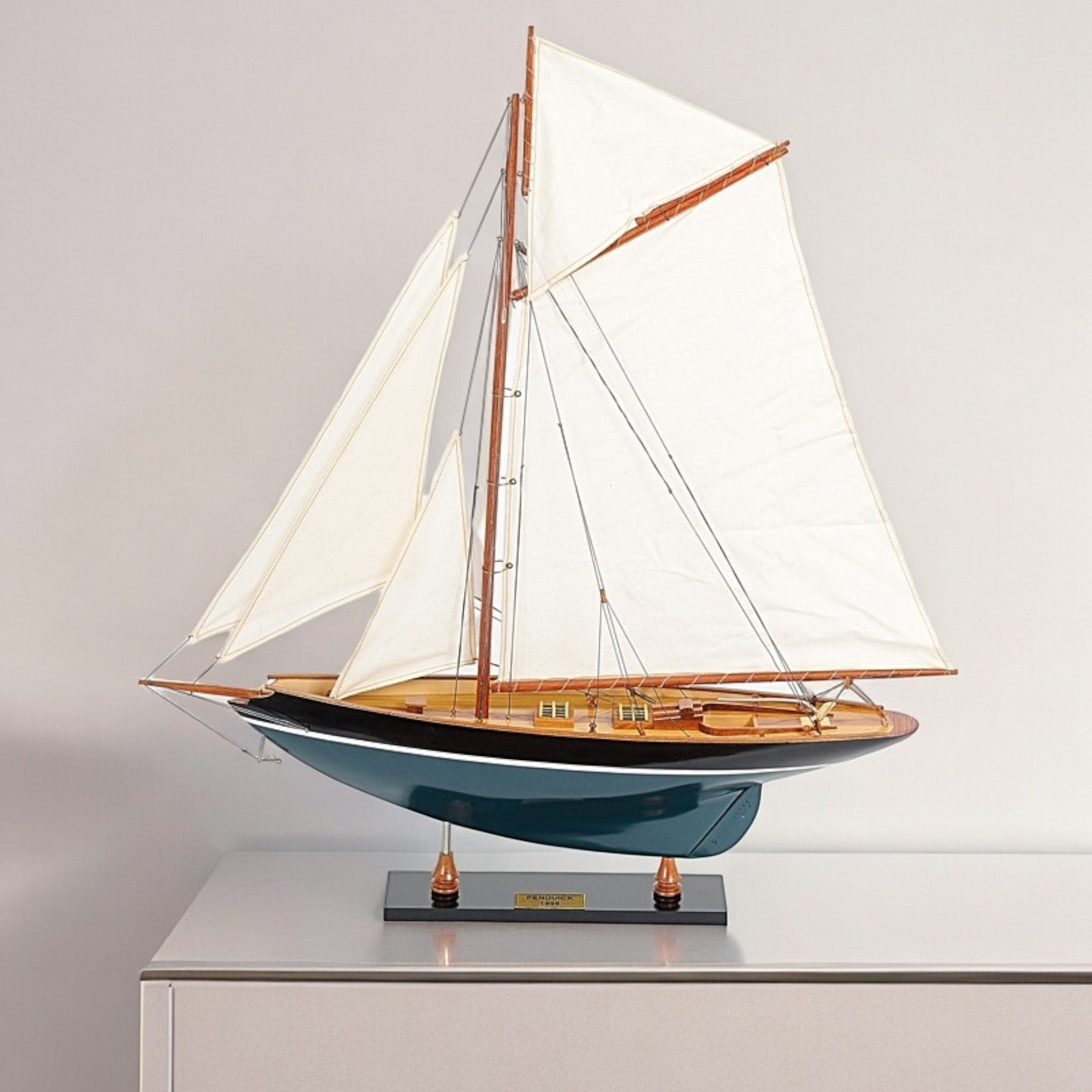 31" Black Blue And White Solid Wood Pen Duick Hand Painted Model Sail Boat-Sculptures-DECOROLALA