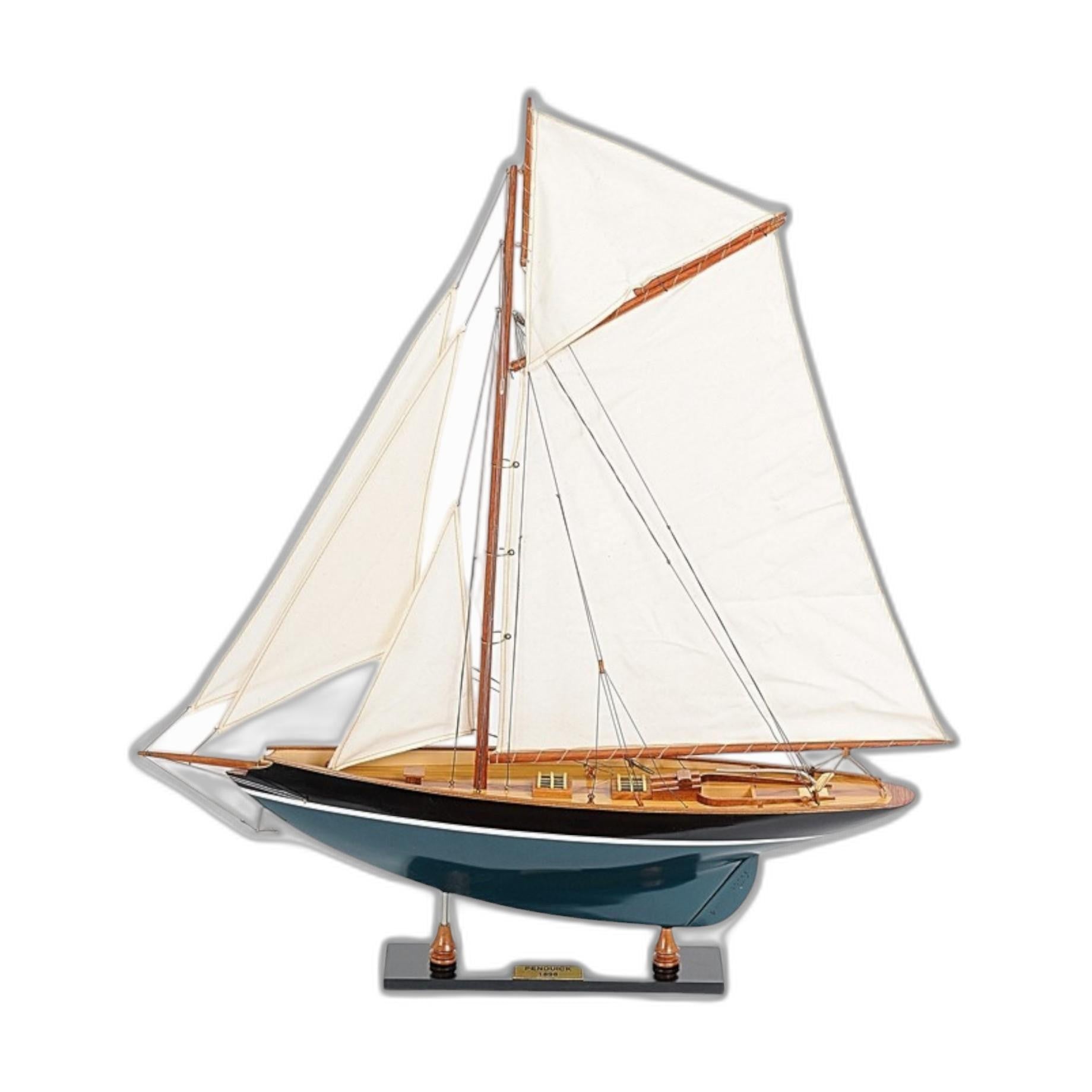 31" Black Blue And White Solid Wood Pen Duick Hand Painted Model Sail Boat-Sculptures-DECOROLALA