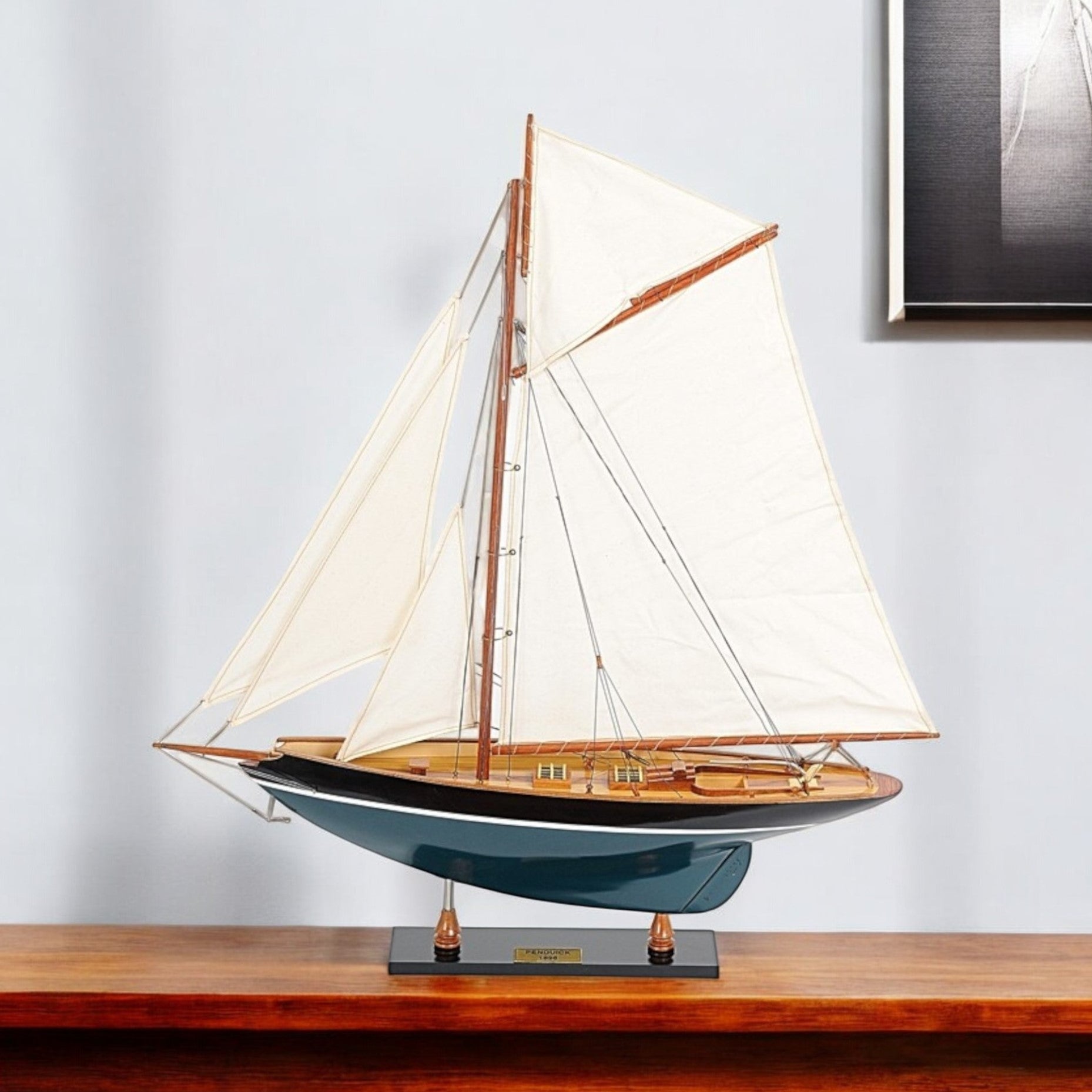 31" Black Blue And White Solid Wood Pen Duick Hand Painted Model Sail Boat-Sculptures-DECOROLALA