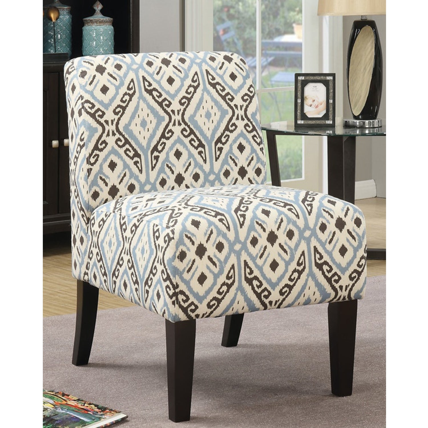 31" Black Blue and Brown Fabric Ikat Side Chair-Accent Chairs-DECOROLALA