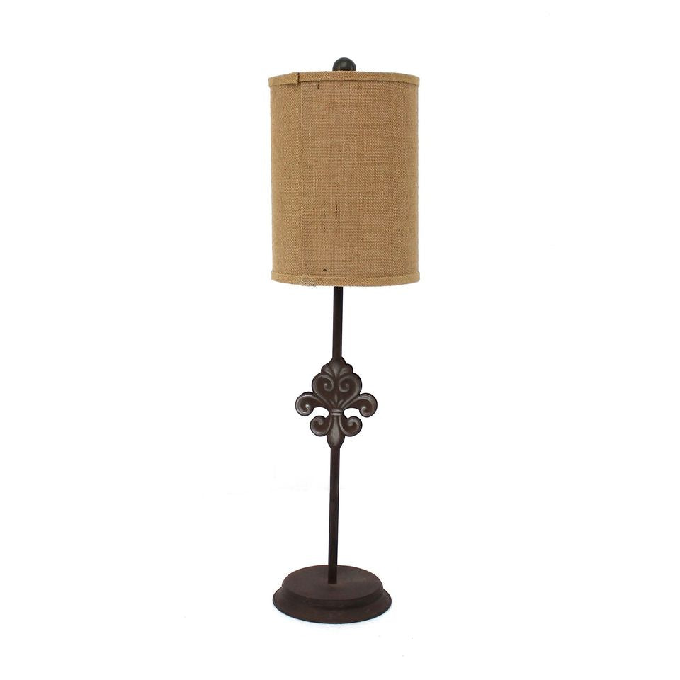 31" Black Fleur de Lis Metal Table Lamp With Natural Burlap Shade-Table Lamps-DECOROLALA