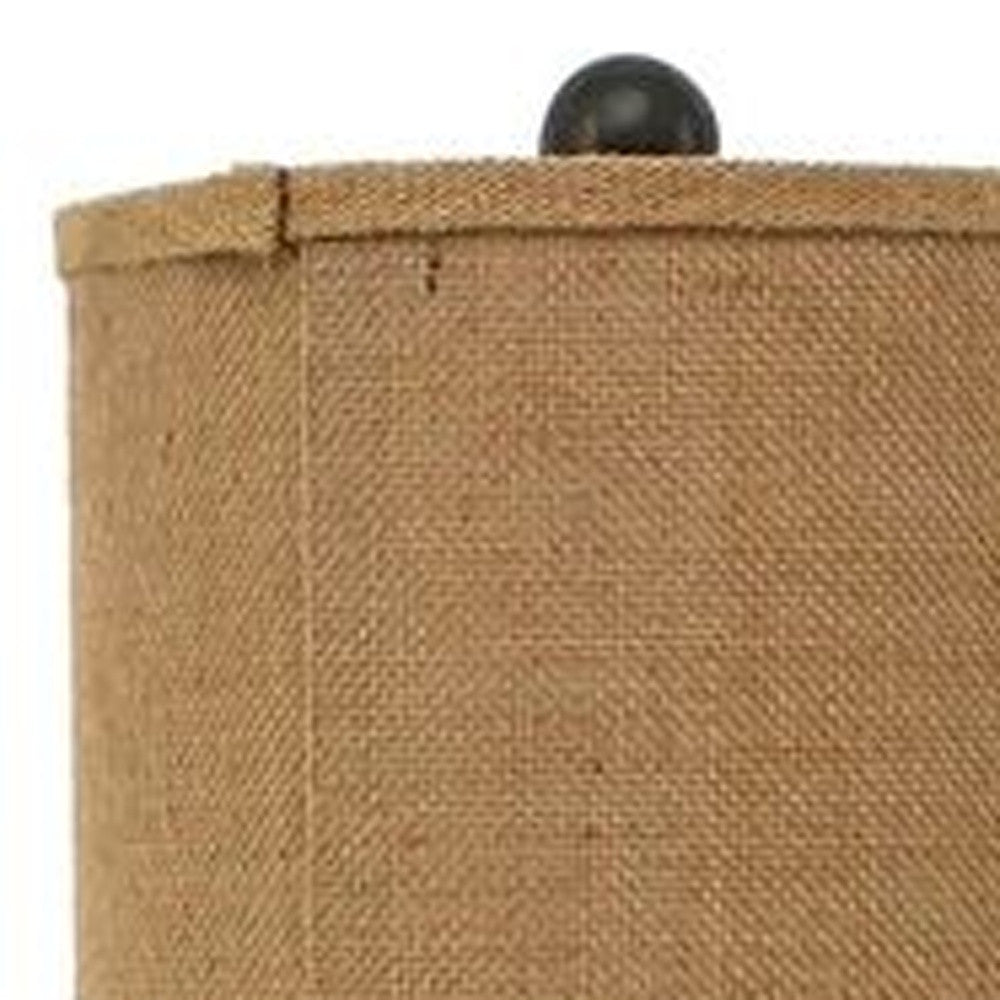 31" Black Fleur de Lis Metal Table Lamp With Natural Burlap Shade-Table Lamps-DECOROLALA