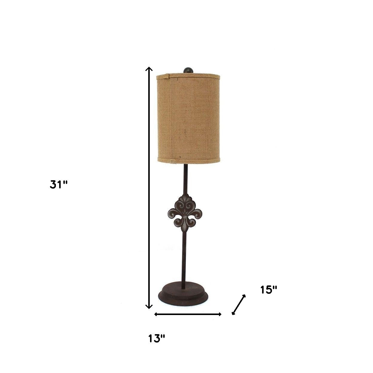 31" Black Fleur de Lis Metal Table Lamp With Natural Burlap Shade-Table Lamps-DECOROLALA