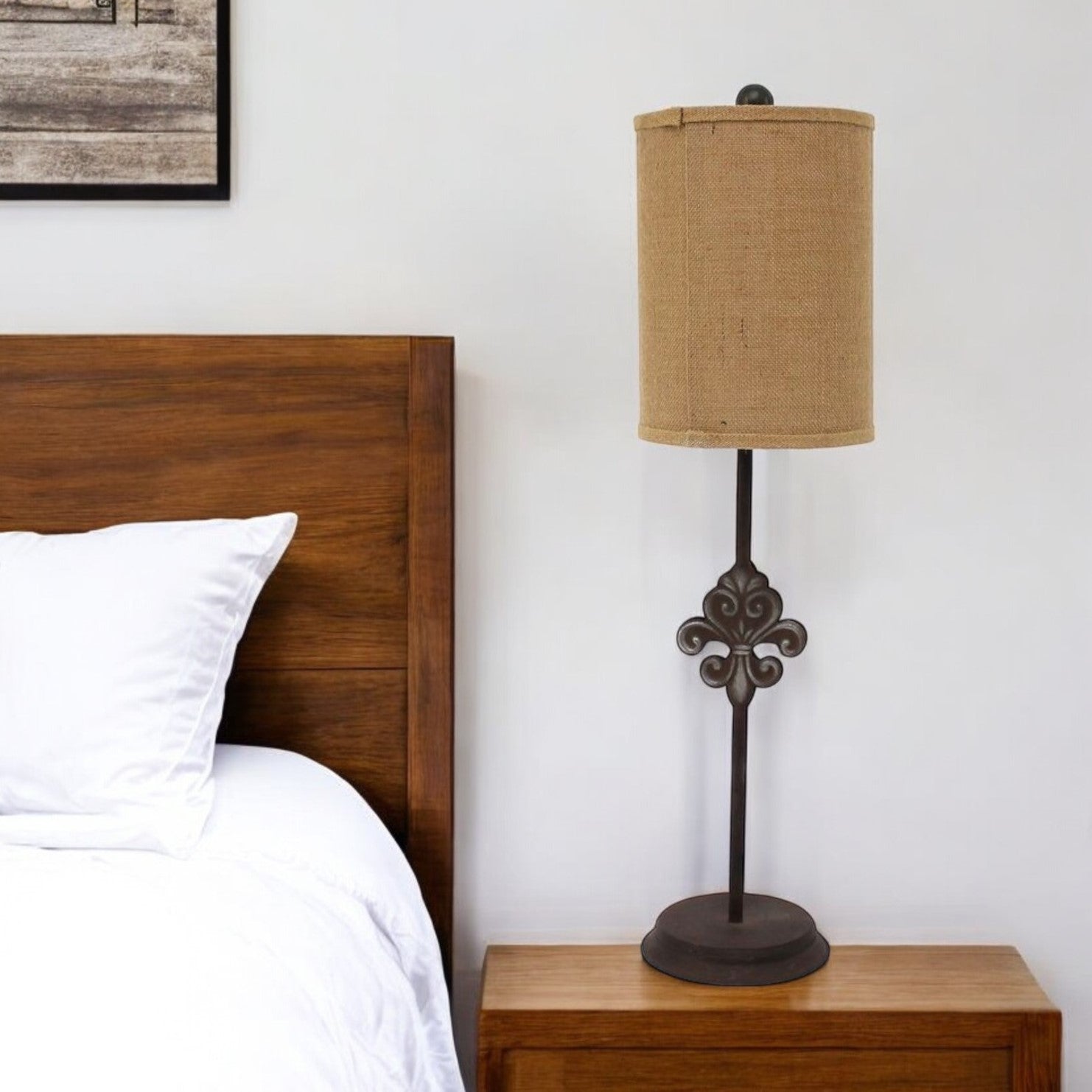 31" Black Fleur de Lis Metal Table Lamp With Natural Burlap Shade-Table Lamps-DECOROLALA