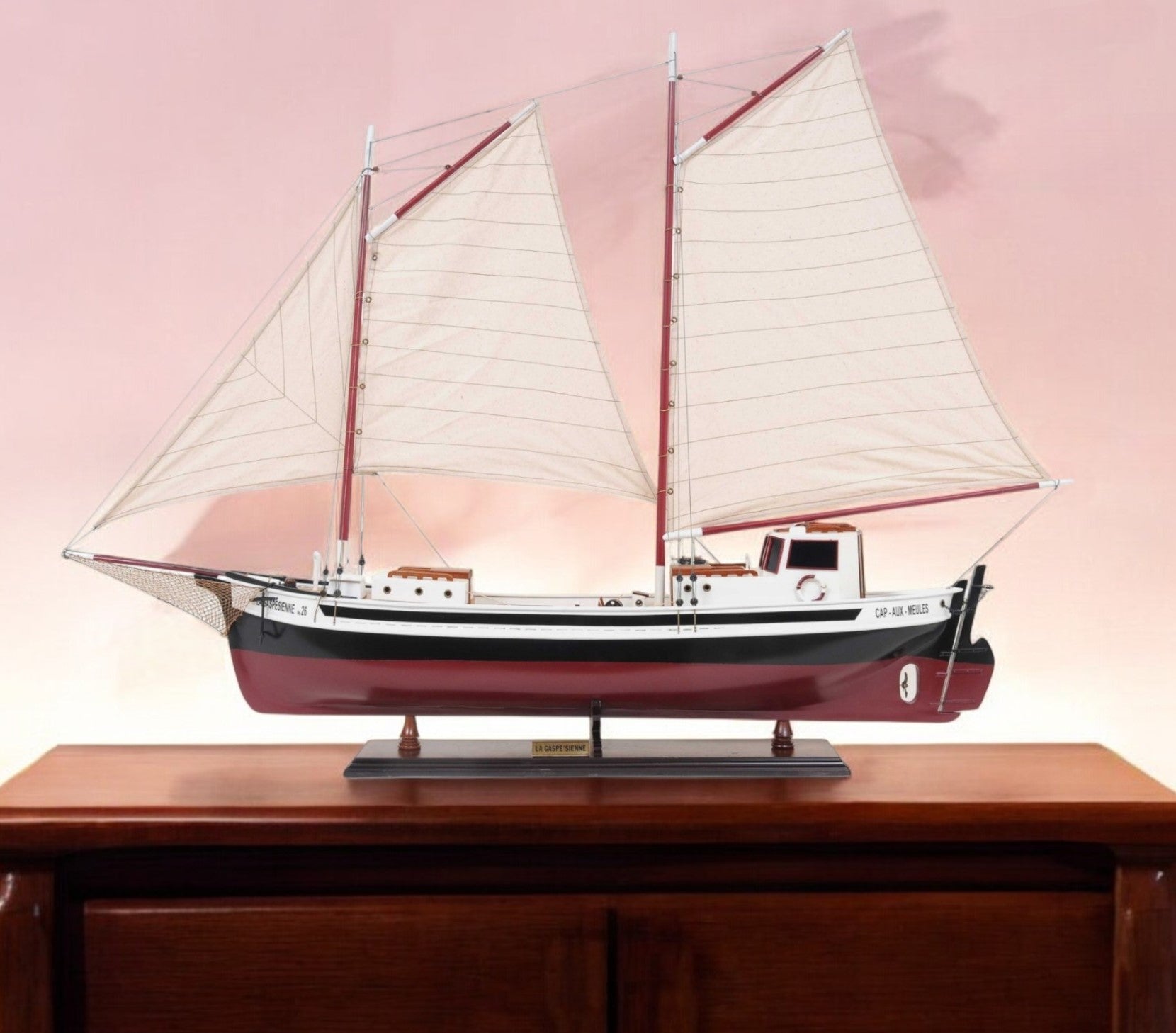 31" Black and White Solid Wood Hand Painted Model Boat Tabletop Sculpture-Sculptures-DECOROLALA