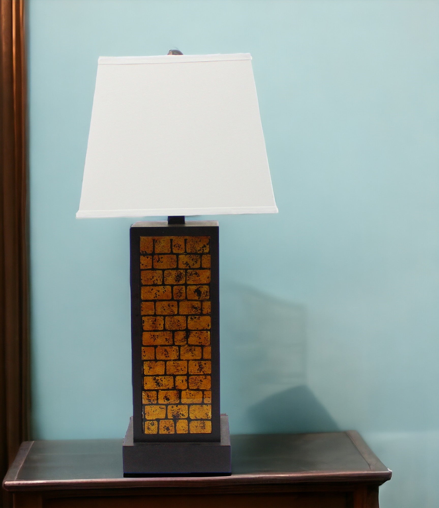 31" Black and Yellow Metal Bedside Table Lamp With White Empire Shade-Table Lamps-DECOROLALA