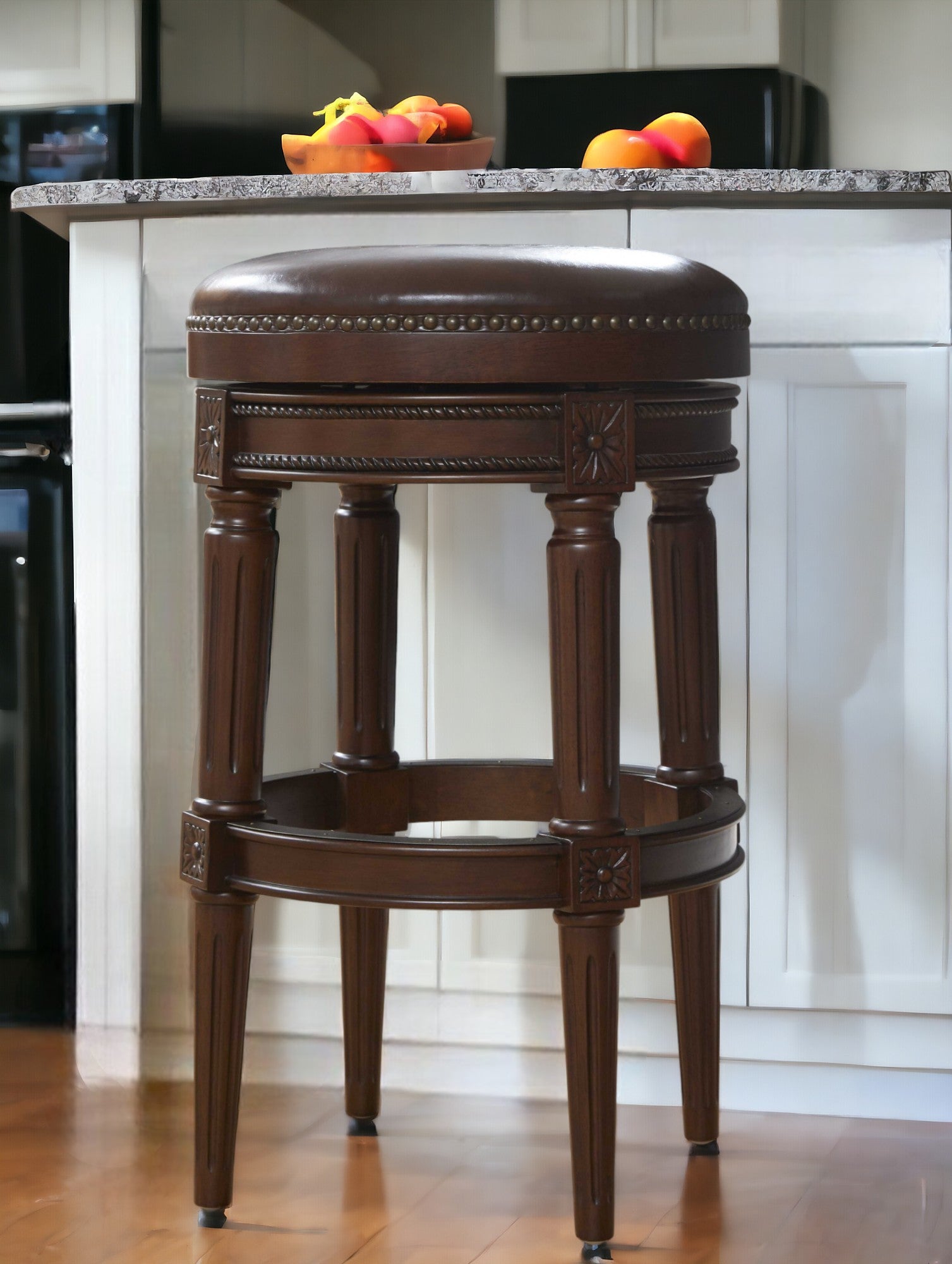 31" Brown Faux Leather and Solid Wood Backless Counter Height Swivel Bar Chair-Bar Chairs-DECOROLALA