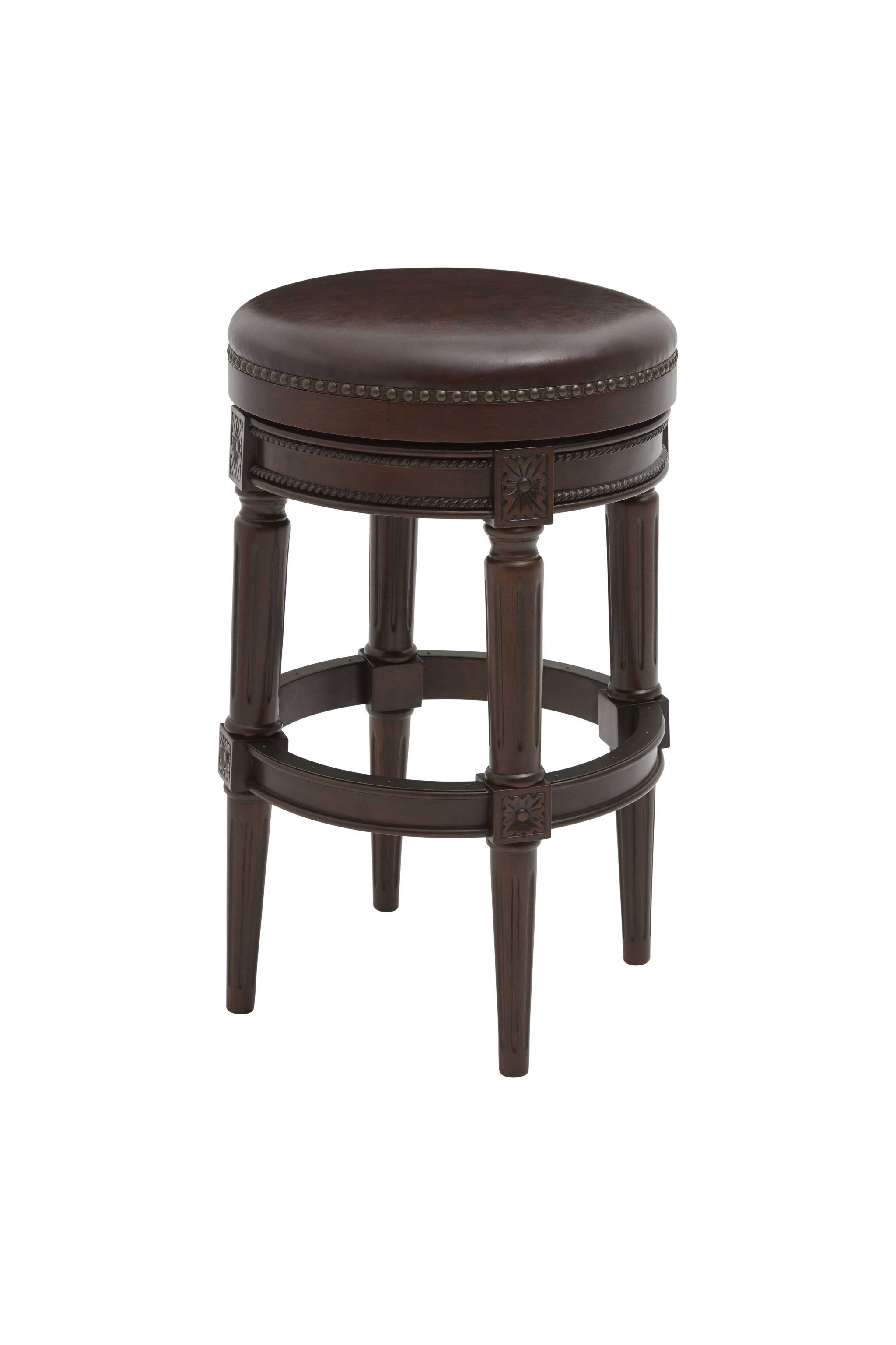 31" Brown Faux Leather and Solid Wood Backless Counter Height Swivel Bar Chair-Bar Chairs-DECOROLALA