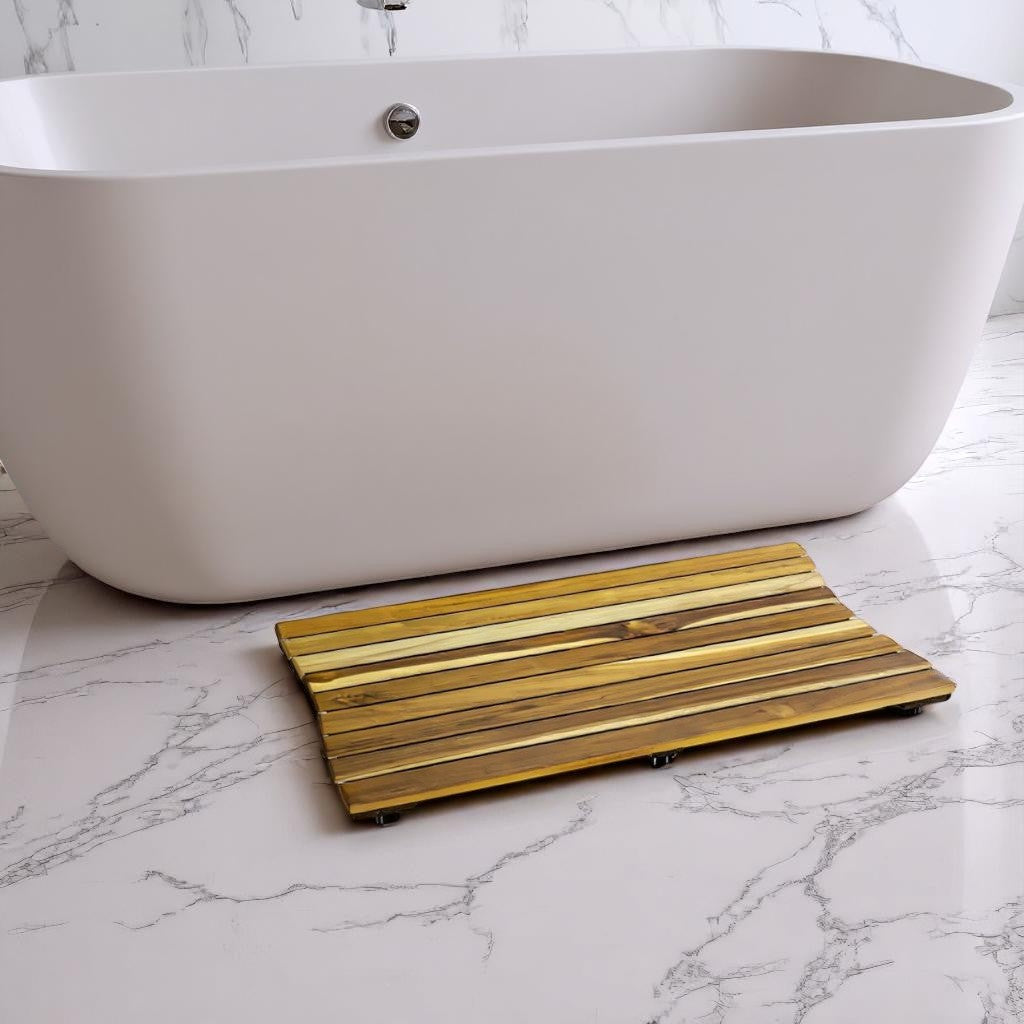31" Brown Teak Slat Non Slip Bath Mat-Bath Rugs-DECOROLALA
