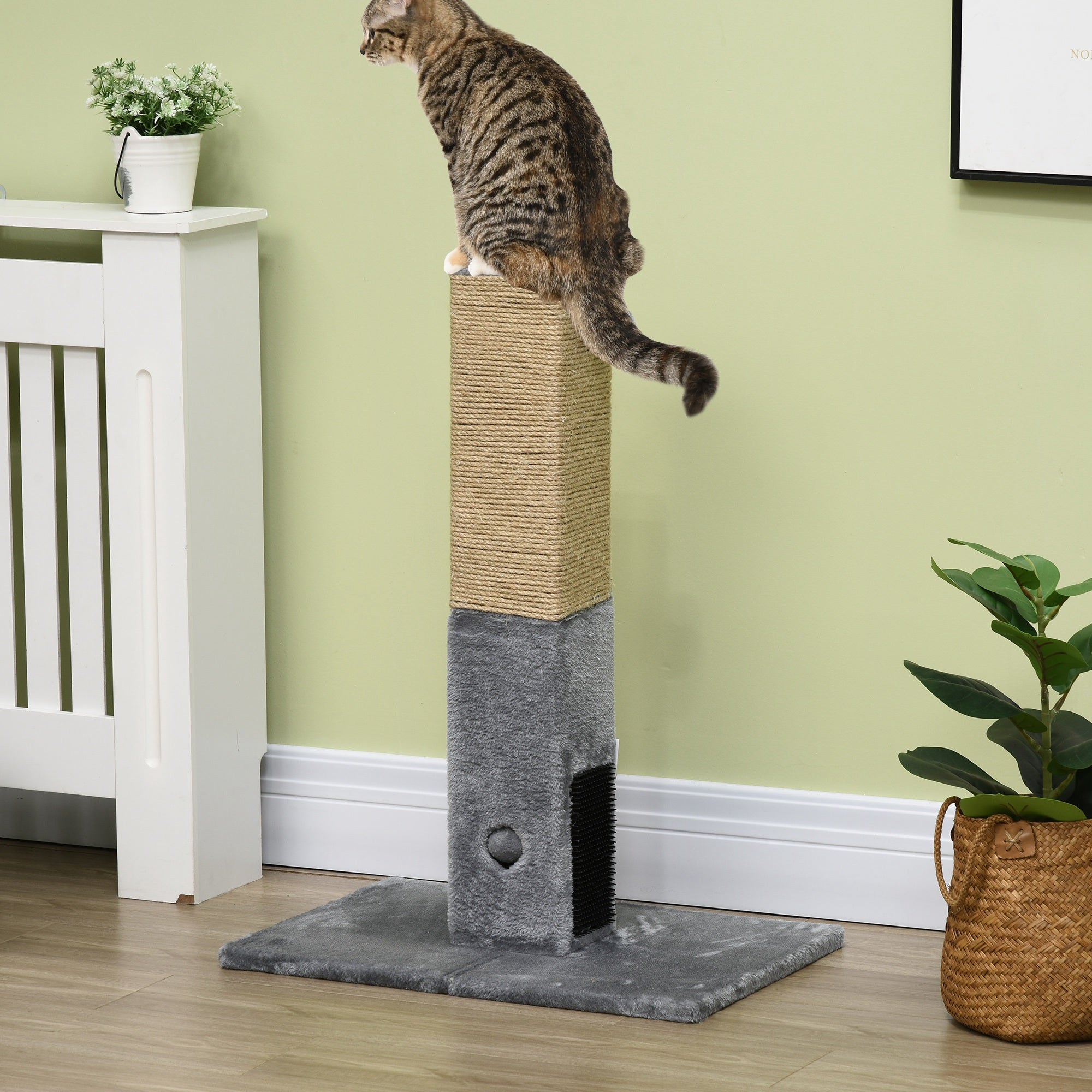 31" Cat Scratching Post with Grooming Brushes - Grey Jute-Cats-DECOROLALA