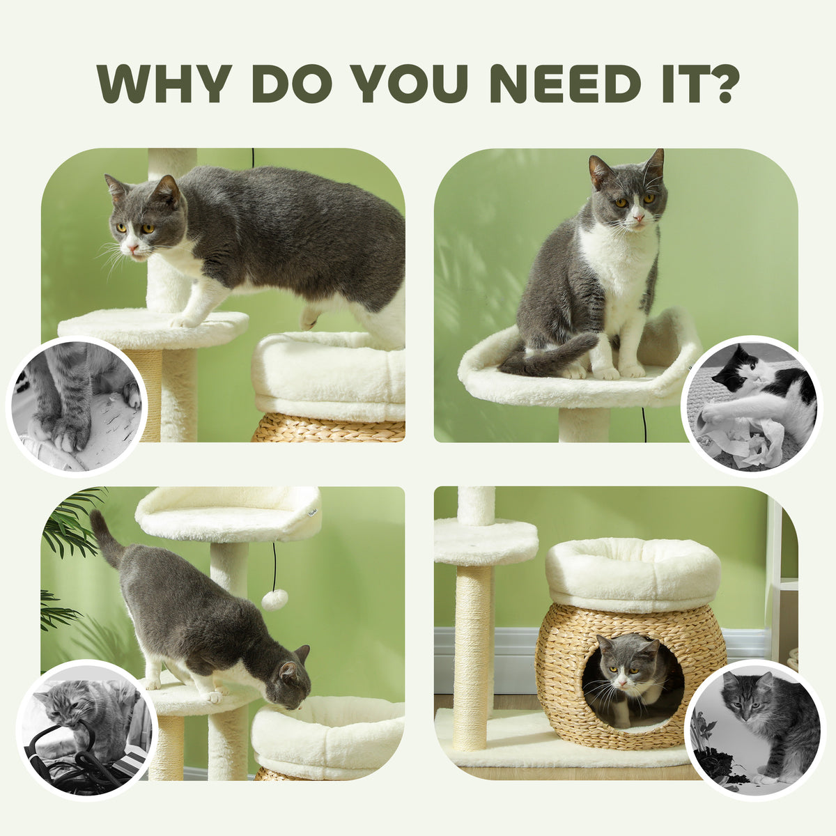 31" Cat Tree Tower with Condo, Two Beds and Scratching Posts - Cream-Cats-DECOROLALA