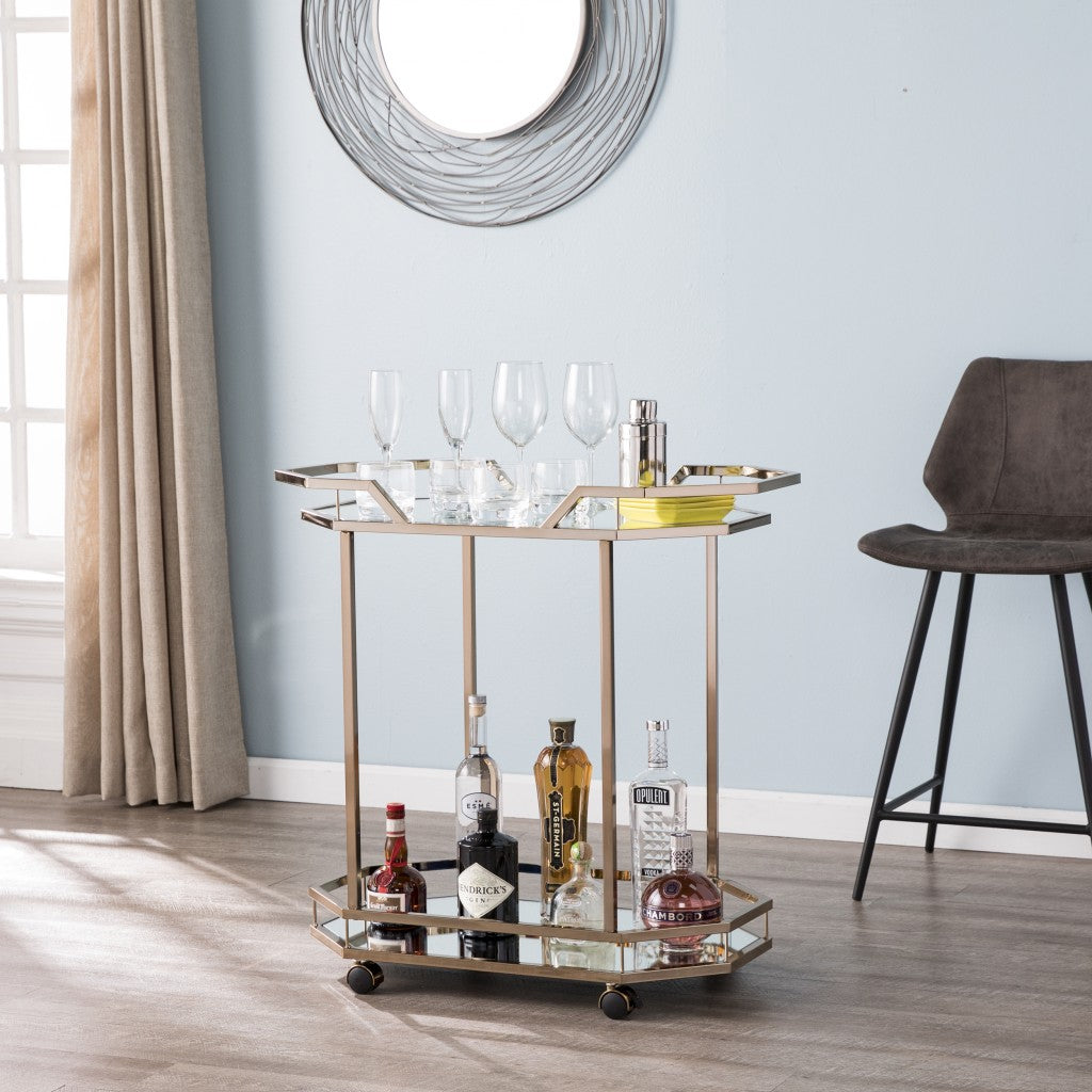 31" Champagne Iron and Mirrored Glass Octagonal Rolling Bar Cart-Bar Cart-DECOROLALA